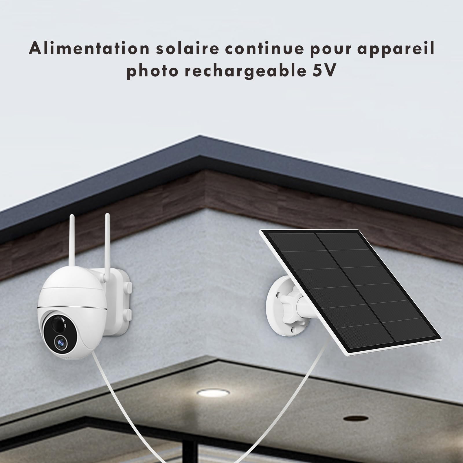 Panneau Solaire 5W Pour Caméra de Sécurité, Panneau Solaire Pour Caméra Extérieure DC 5V à Batterie Rechargeable, Panneaux Solaires avec Port Micro USB et USB-C, Support de Sécurité Ajustable