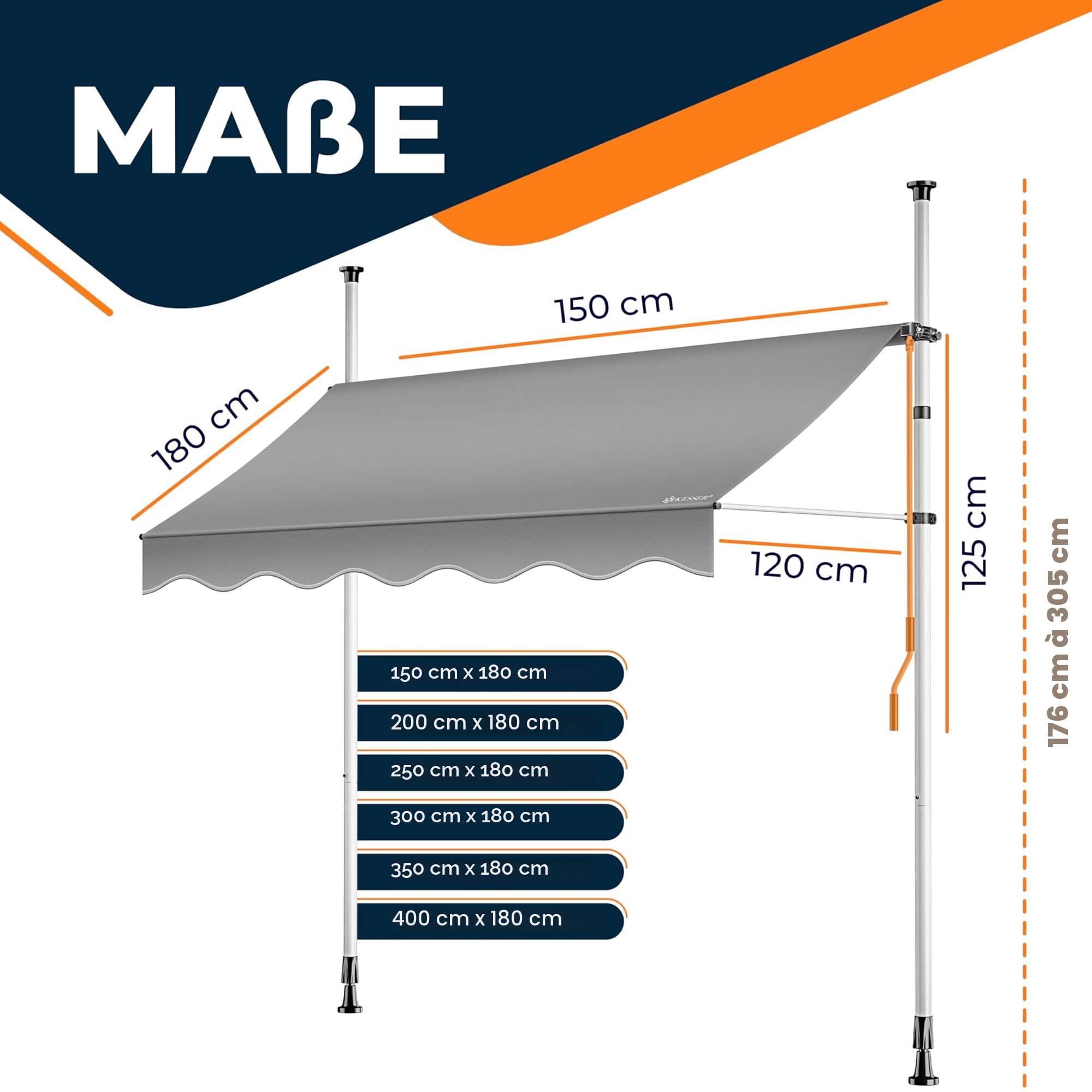 KESSER® Store banne avec manivelle pour Balcon | Store pour Balcon sans Trous à percer, résistant aux UV, réglable en Hauteur, Hydrofuge, protège du Soleil, Toit de terrasse (150cm, Gris)