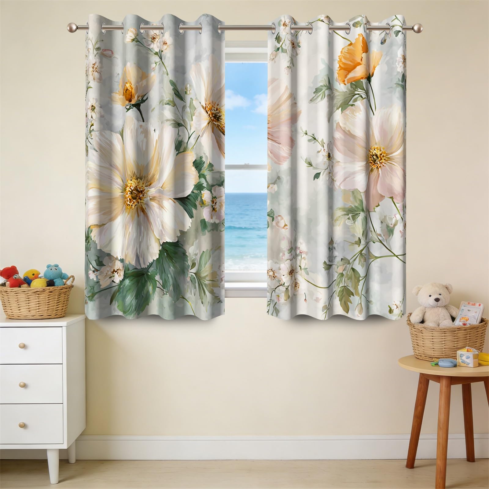 Rideaux occultants à Fleurs Jaunes 117 x 138 cm Chambre et Salon, Style Moderne et élégant, imprimé Floral, œillets, Isolation Thermique, Protection de l'intimité, 2 Panneaux