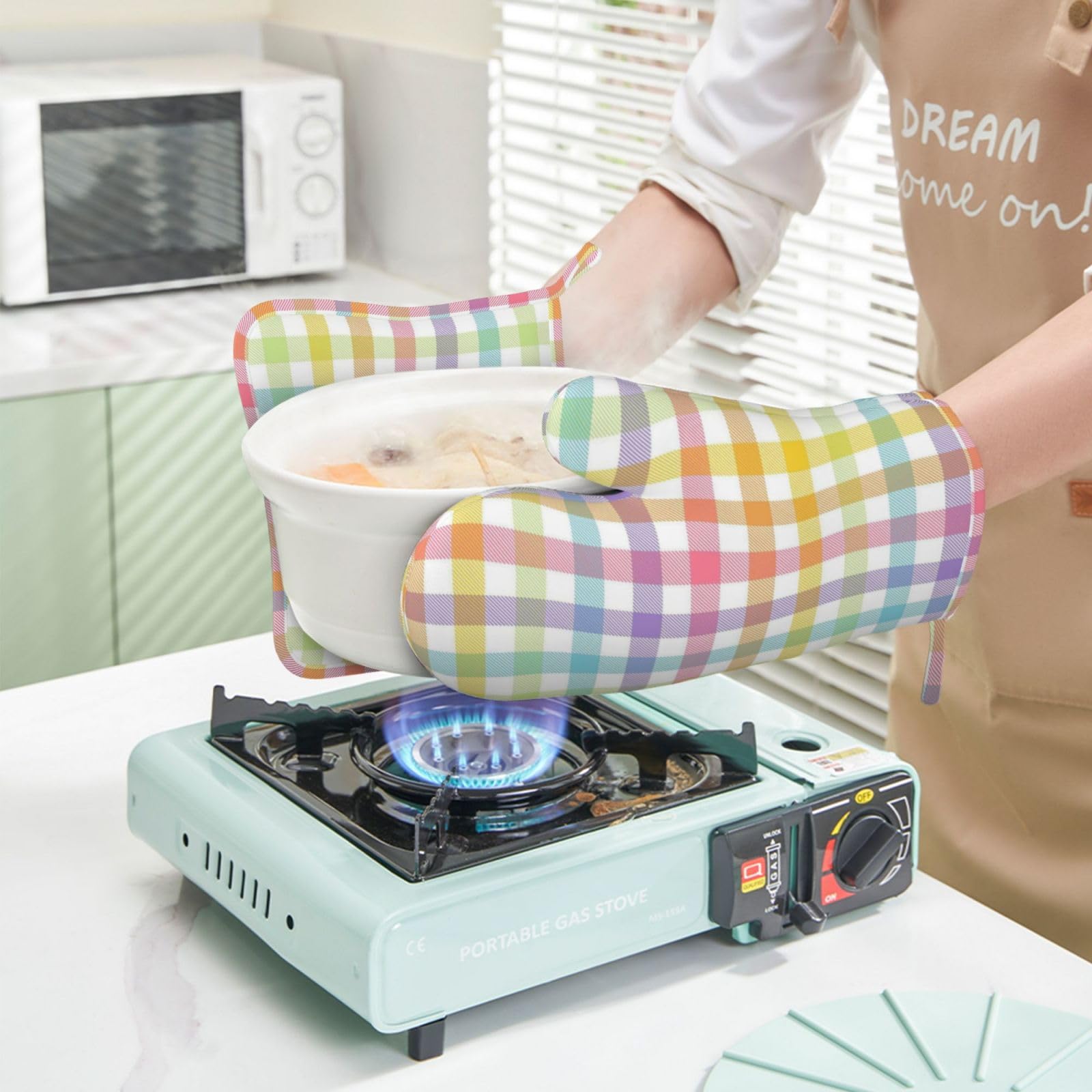Juego de 4 manoplas de horno y soportes para ollas de cuadros de búfalo pastel, juego de 4 manoplas de horno y agarraderas de acuarela arcoíris, resistentes al calor, guantes de cocina rústicos para