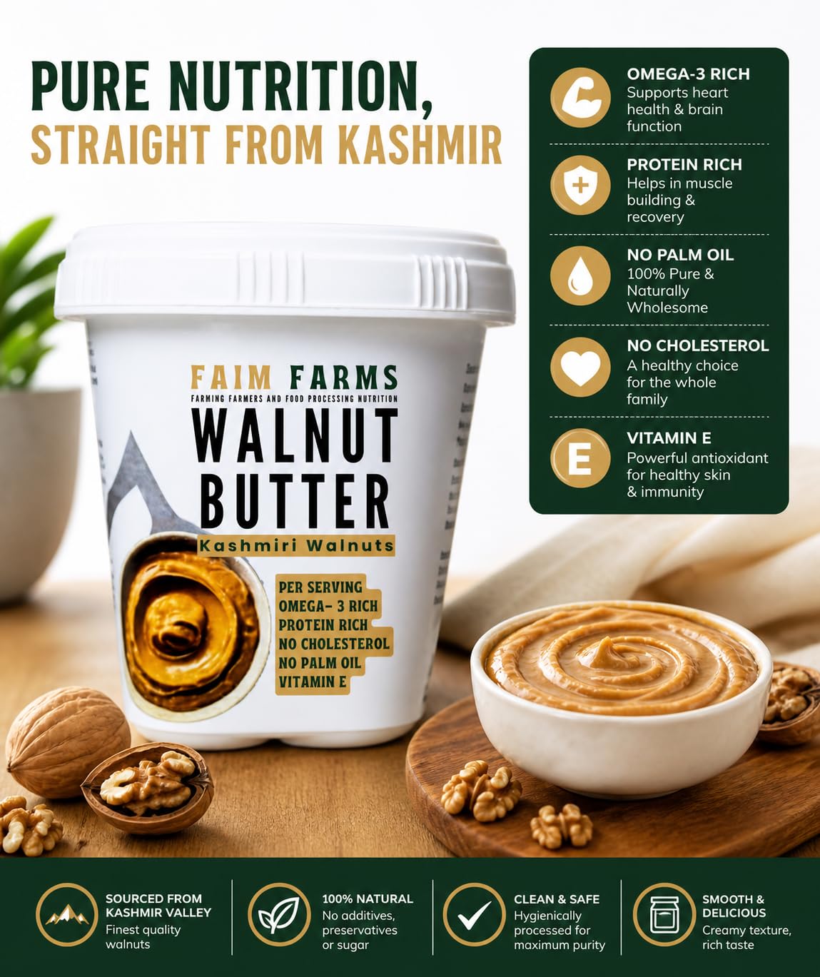 Walnut Butter 480g | Plant based omega 3 | Vegan Butters | No Palm oil | Kashmir Walnuts | Creamy Spread for Protein | stone ground | Natural Nuts | keto butter | Faim Farms — Amazon image 4