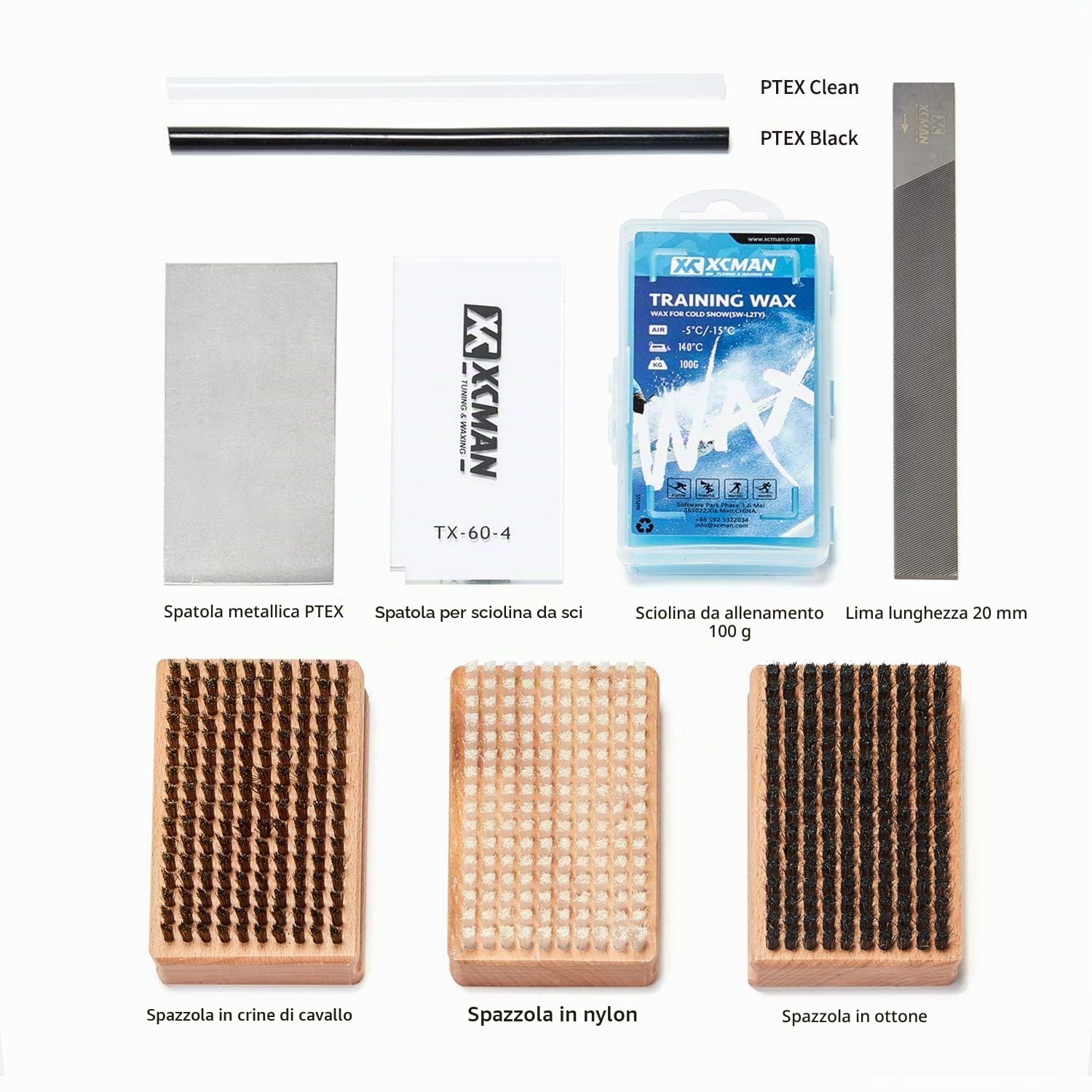 XCMAN Kit completo di spazzole per sci/snowboard, ceretta e accordatura, in nylon, ottone, spazzola in crine di cavallo, raschietto in metallo, raschietto per cera e lima piatta in PTEX
