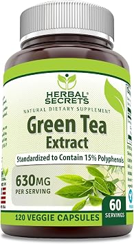 Herbal Secrets Green Tea Extract 630 Mg Per Serving | Veggie Capsule Supplement | Non-GMO | Gluten Free | Made in USA 1 Pack, 120 Count