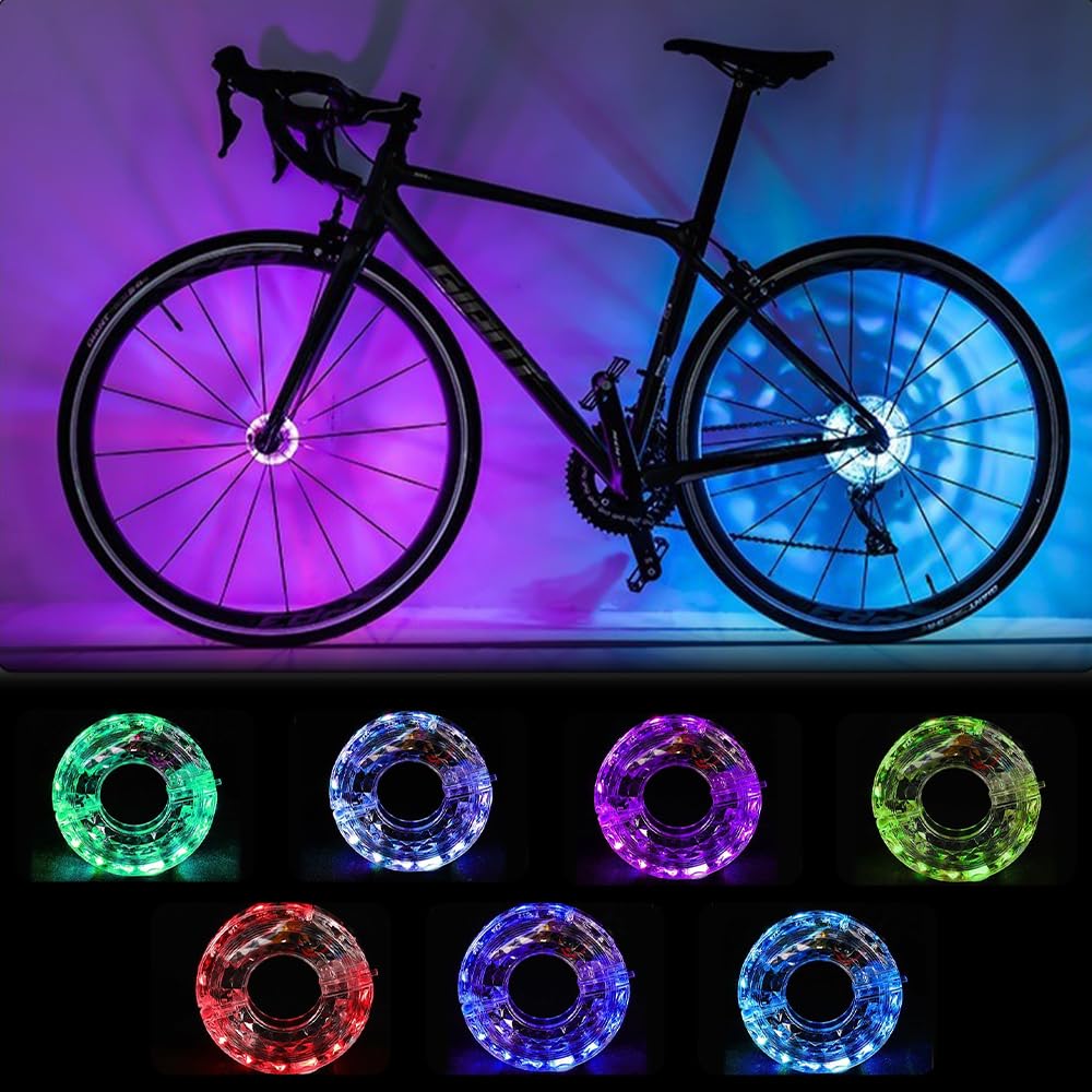 LED per Bicicletta, 2PCS USB Ricaricabile Luci dei Raggi della Bicicletta Impermeabile, Luci per Ruote LED per Bici 7 Colori 18 modalità