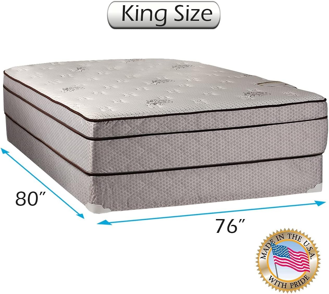 DS USA Fifth Ave Plush Foam Encased Eurotop PillowTop Mattress and Box Spring Set with Metal Bed Frame - Premium Edge Guards, Spine Support, Orthopedic, Longlasting Comfort (King 76"x80"x13")