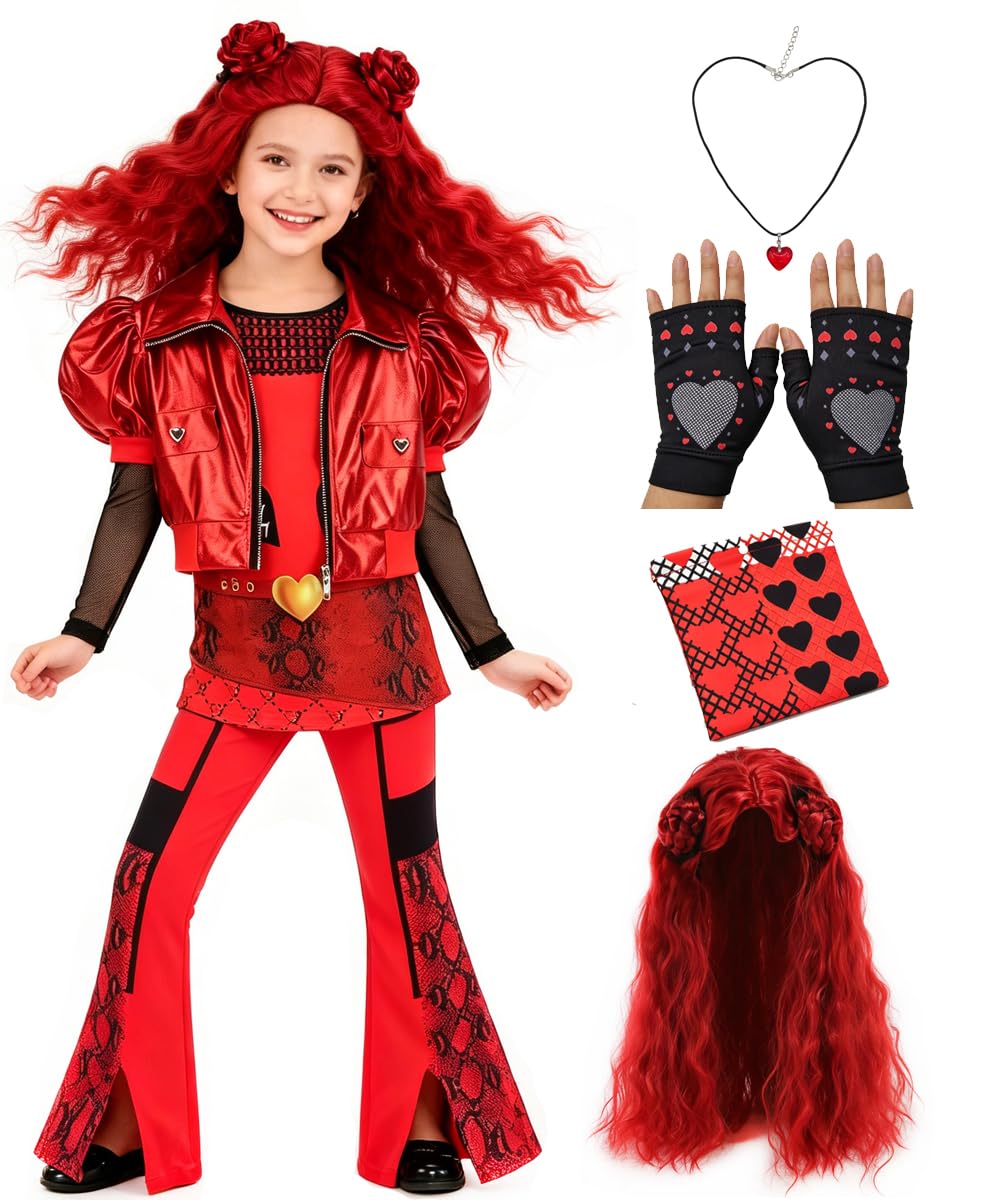 Kid Girl Red Cosplay Costume Flare Pants Top Jacket Princess Halloween Clothing with Wig Heart Necklace Gloves Bag
