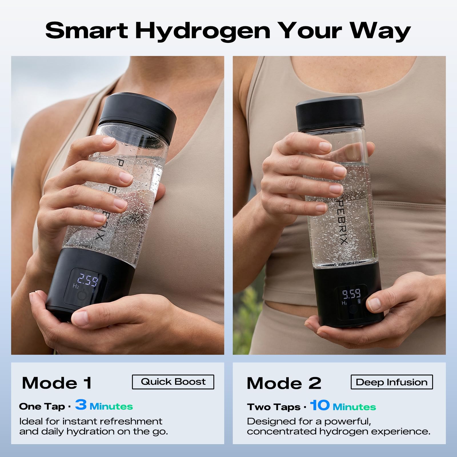 Upgraded Hydrogen Water Bottle Generator Glass, Touch Screen, Leak-Proof Lid, SPE/PEM Tech, Portable Rechargeable Hydrogen Water Bottle for Home Office Travel Fitness Drinking, 14 oz, Black