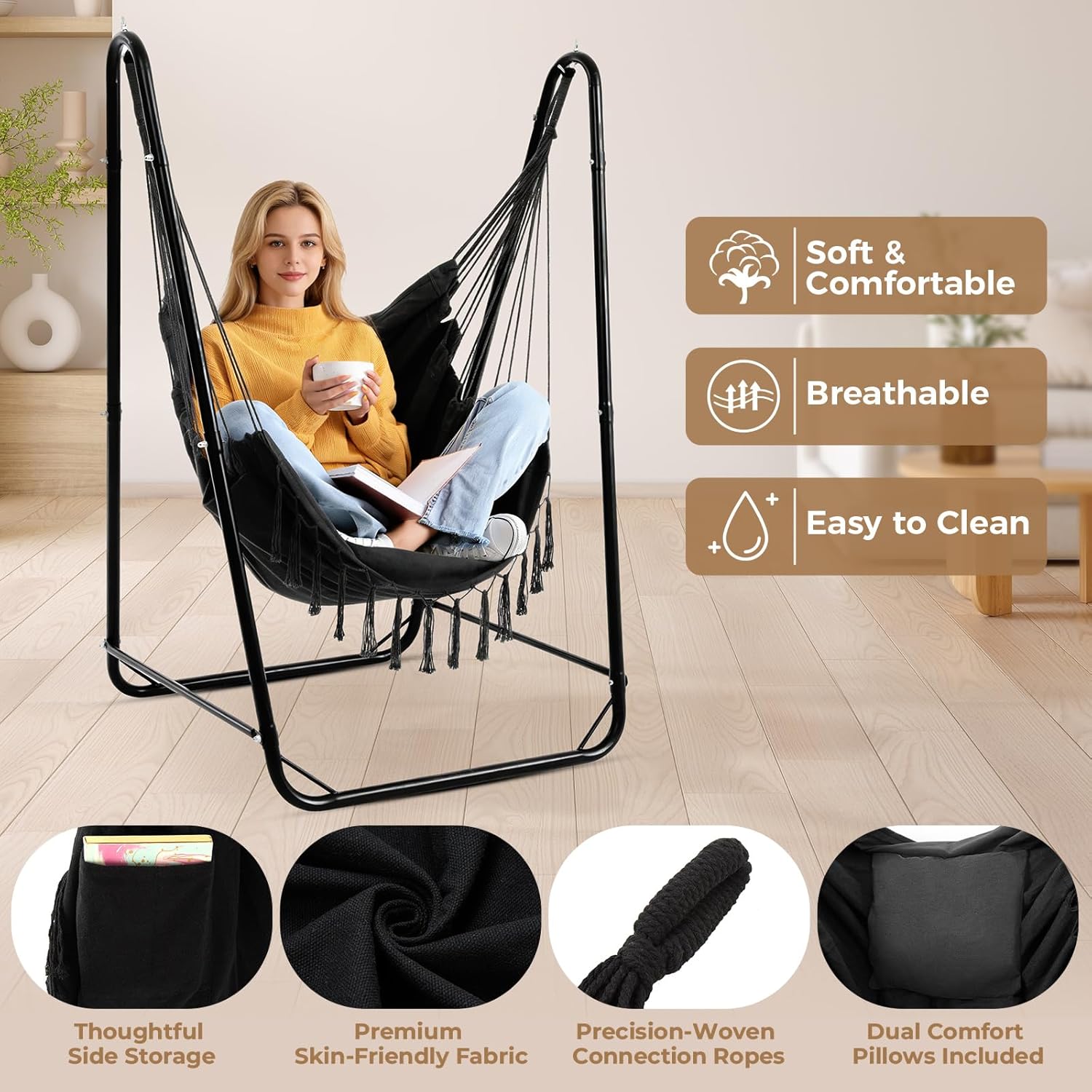 Hammock Chair with Stand, Heavy-Duty Steel Hammock Stand for Indoor & Outdoor Use, Solid Support & Stable Base, 220 lbs Capacity, U-Shaped Design, Easy Assembly, Hammock Chair Included - Black