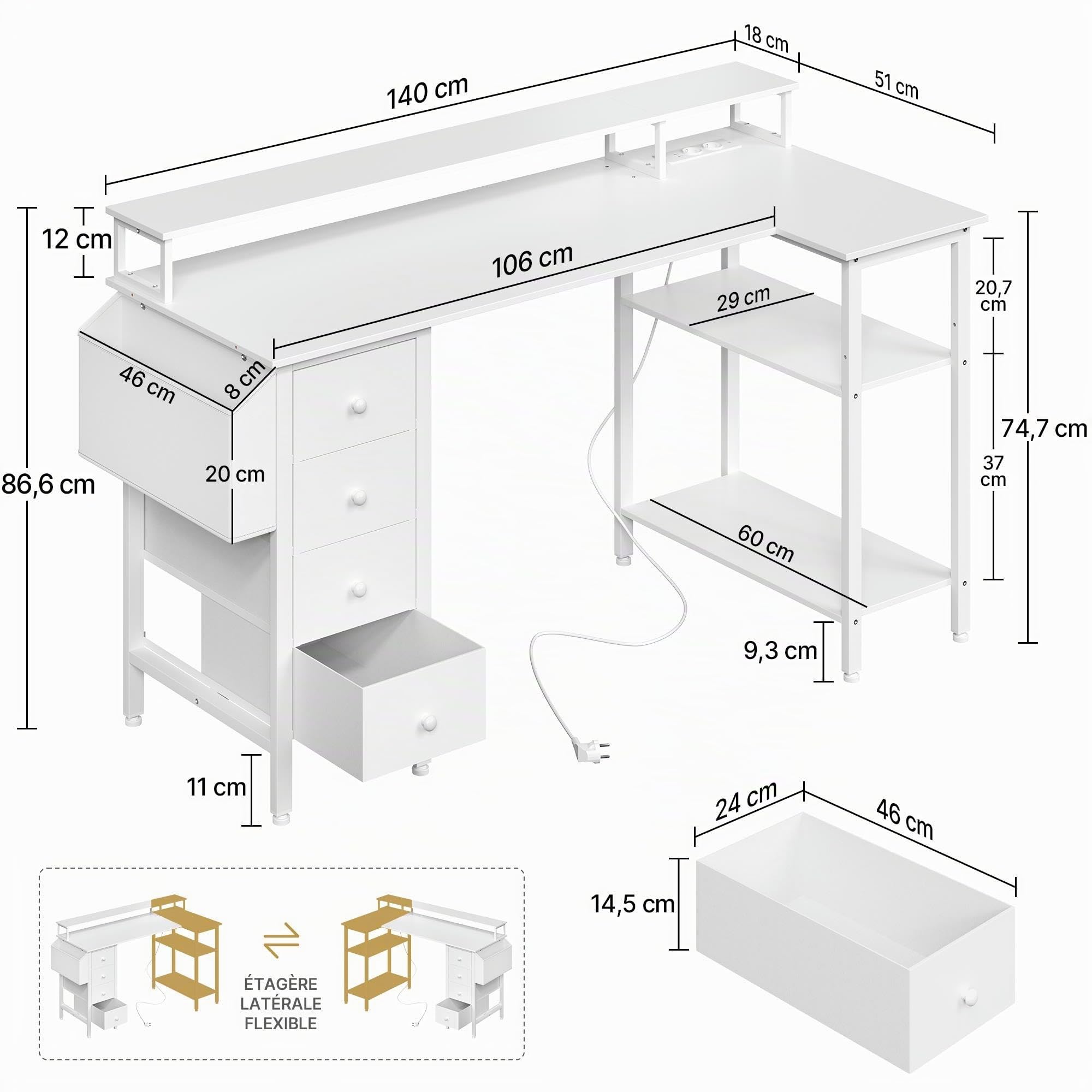 Abician Bureau d'angle Réversible, 140x68cm, avec Port De Charge USB, Blanc