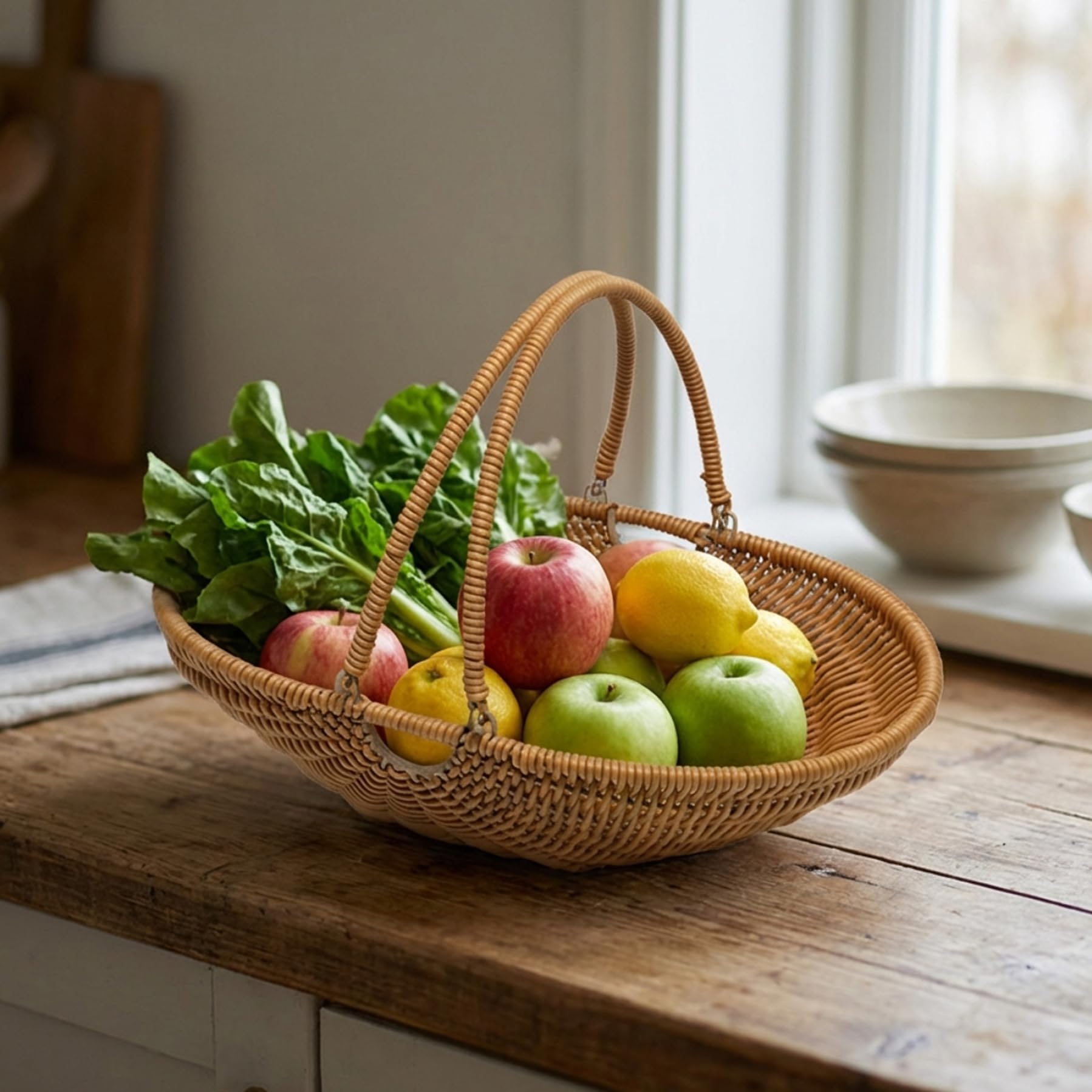 Cesta de cosecha para verduras de jardín, cesta de cosecha de jardín tejida de PP con asa plegable para recolección de frutas, granja, picnic, almacenamiento de cocina y decoración rústic