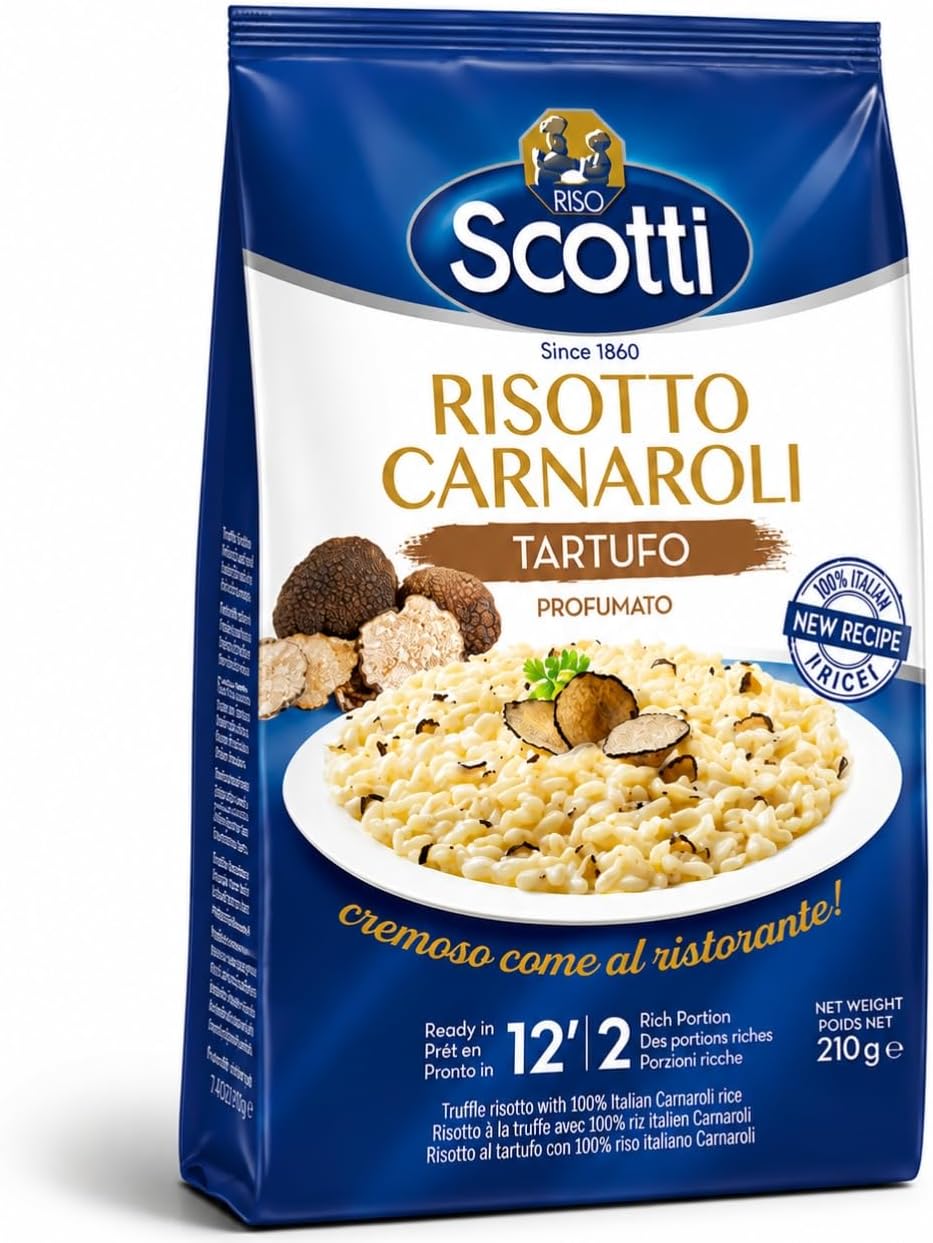 Riso Scotti - Truffle Seasoned Risotto, Carnaroli Rice, 7.4 oz (210 g) | Ready Meal, Easy to Cook, Carnaroli Rice for Risotto with Truffle, Italian Seasoned Risotto, Gluten Free, Product of Italy