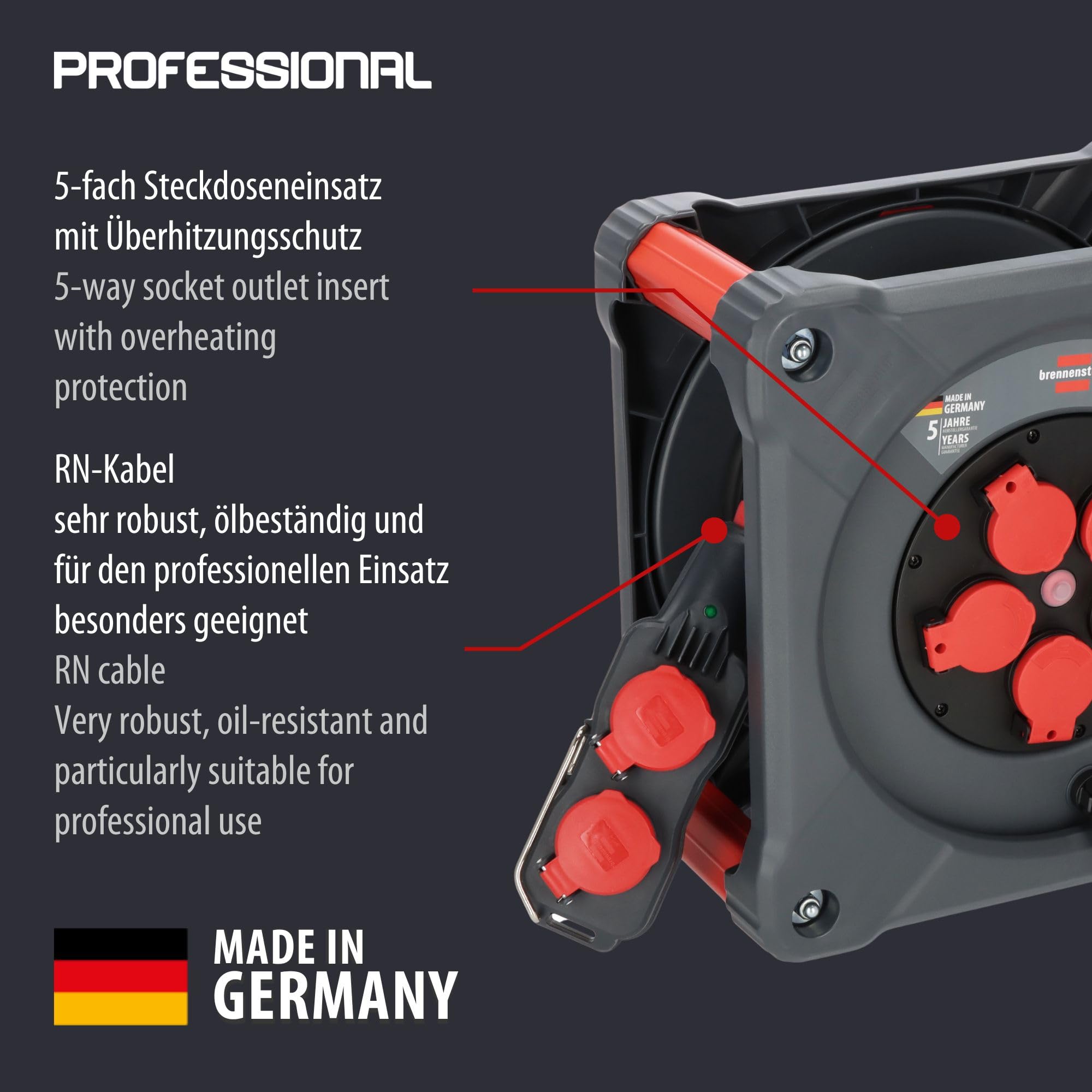 Brennenstuhl Carrete de Cable de construcción Profesional con Powerblock KC 3200 5 (33+5m, Cable H07RN-F 3G2,5 en Negro, 5 Tomas de Seguridad, Uso en Exterior Permanente, Fabricado en Alemania)