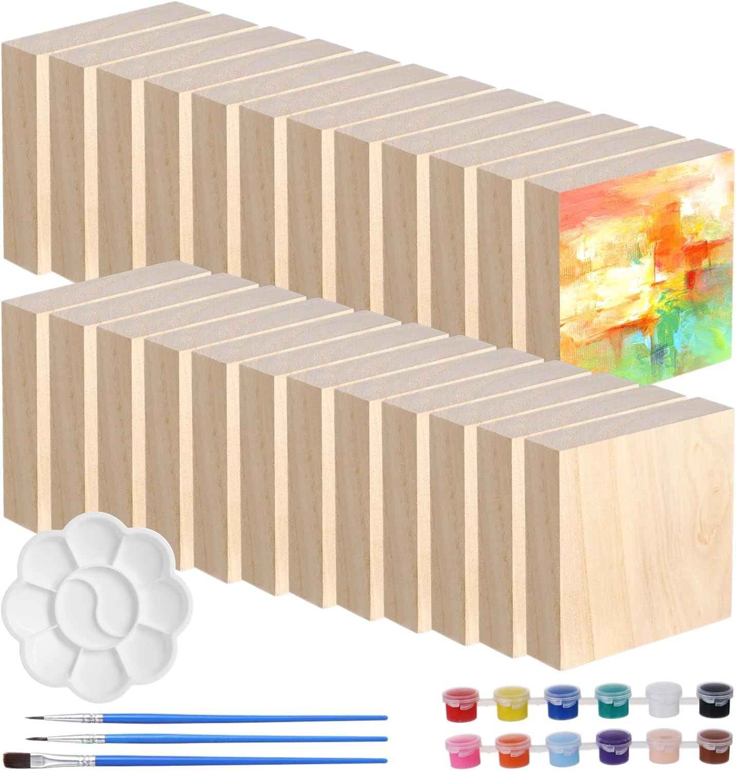 24 PCS Unfinished Wood Block, 4 x 4 x 1 in Square Wood Blocks for DIY Craft, Wood Painting Kit Wooden Block for Carving, Painting (24, 4 x 4 x 1 in)