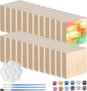 24 PCS Unfinished Wood Block, 4 x 4 x 1 in Square Wood Blocks for DIY Craft, Wood Painting Kit Wooden Block for Carving, Painting 24, 4 x 4 x 1 in