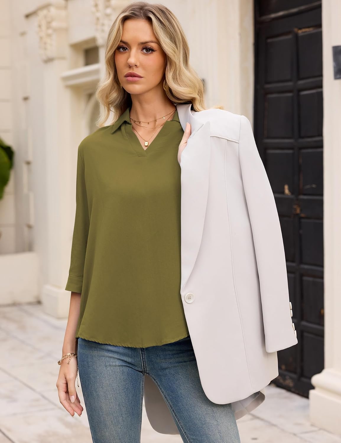 LOMON Womens 3/4 Sleeve Tops V Neck Cotton Linen Work Blouse Collared Shirts for Women Business Casual 2026 Spring - Image 6