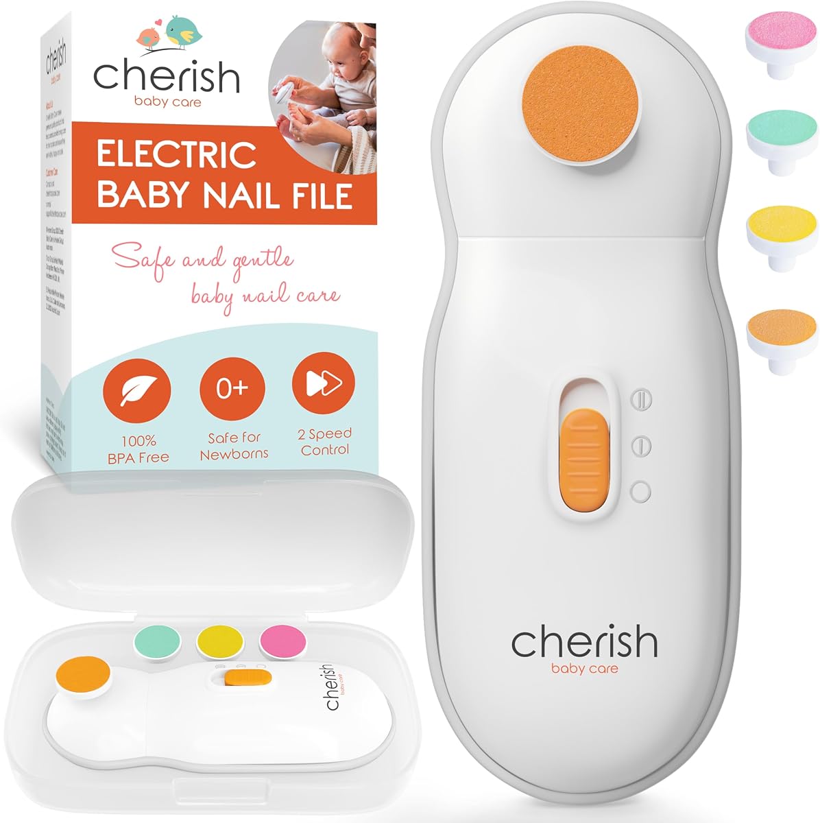 Baby Nail Trimmer Electric - Auto Safety Stop (4 Pads) | BPA-free, safety-tested electric nail file baby kit with automatic safety stop & 4 filing pads for babies 0-12+ months.
