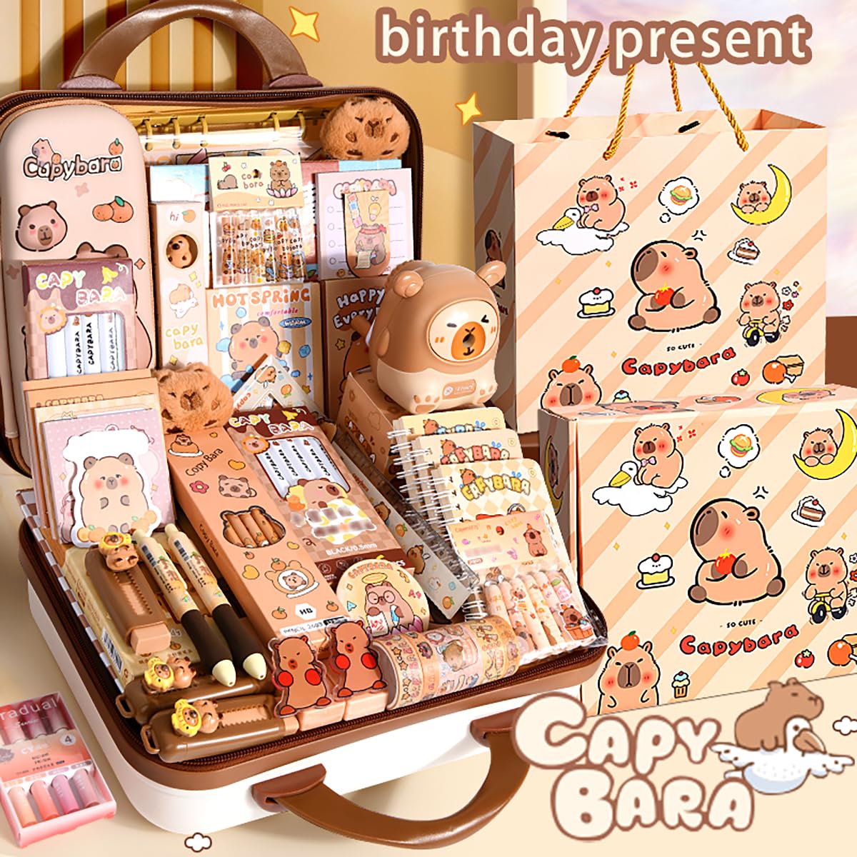 Set di cancelleria capibara, Astuccio per penne per studenti, Capybara stationery con matite, adesivi, temperamatite, Grazioso set regalo di cancelleria per bambini (B)