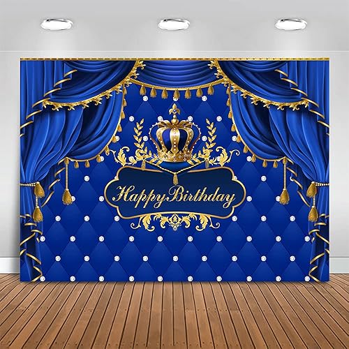 Mocsicka Telón de fondo de cumpleaños azul real, Príncipe azul dorado, rey, corona, fondo de cortina de fondo real para fiesta de feliz cumpleaños,