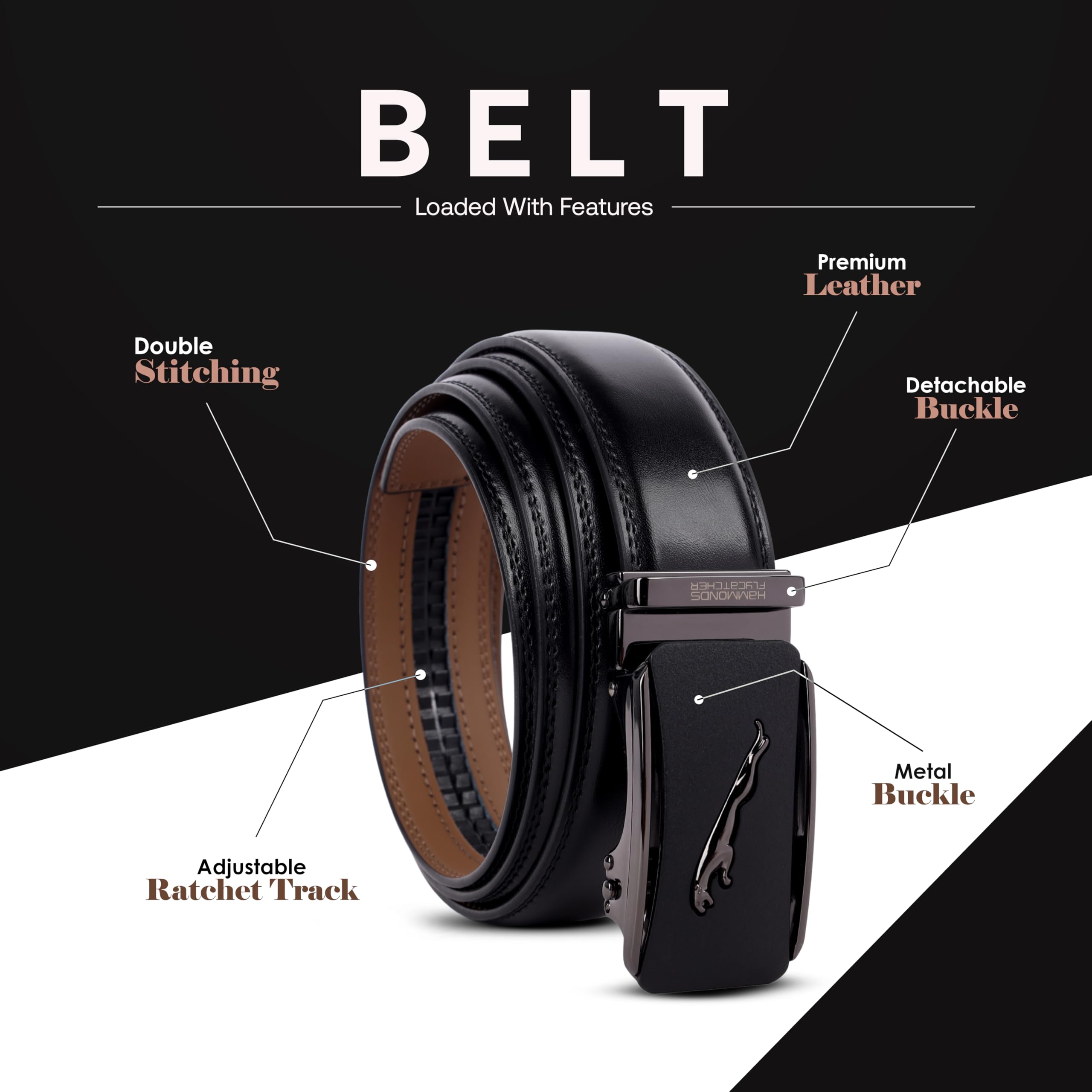 HAMMONDS FLYCATCHER Genuine Leather Belts for Men Leather Original - Autolock Micro Adjustable Ratchet Track leather belt for men formal - Mens Belt Leather branded Formal & Casual Wear - Onyx Black - Image 5 thumbnail