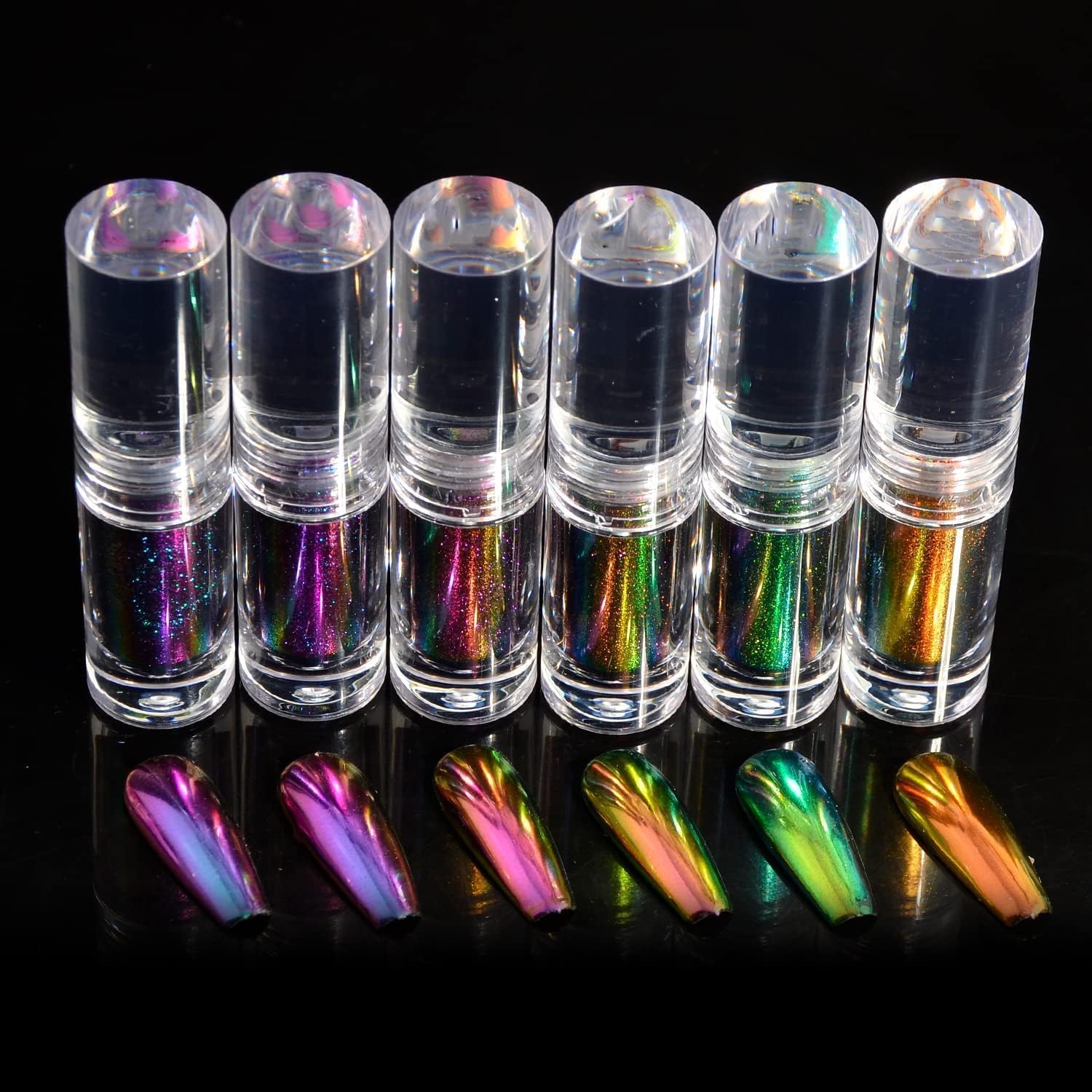 Pearl Liquid Nail Powder, 6 Pcs Multicolored Pearlescent Ice Aurora Dust Nail Powder, Chameleon Holographic Chrome Iridescent, Mirror Effect Pigment High Gloss Nail Art Glitter for Home DIY Nail Tips, 6X2.4g