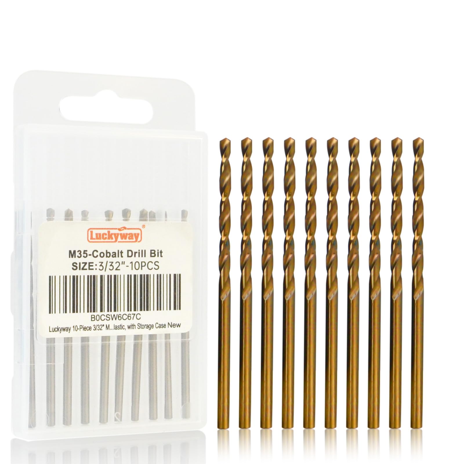 Luckyway 3/32" Cobalt Drill Bit (10 Pcs), Jobber Length Twist Drill Bit Set for Hard Metal, Stainless Steel, Cast Iron, Wood and Plastic, with Storage