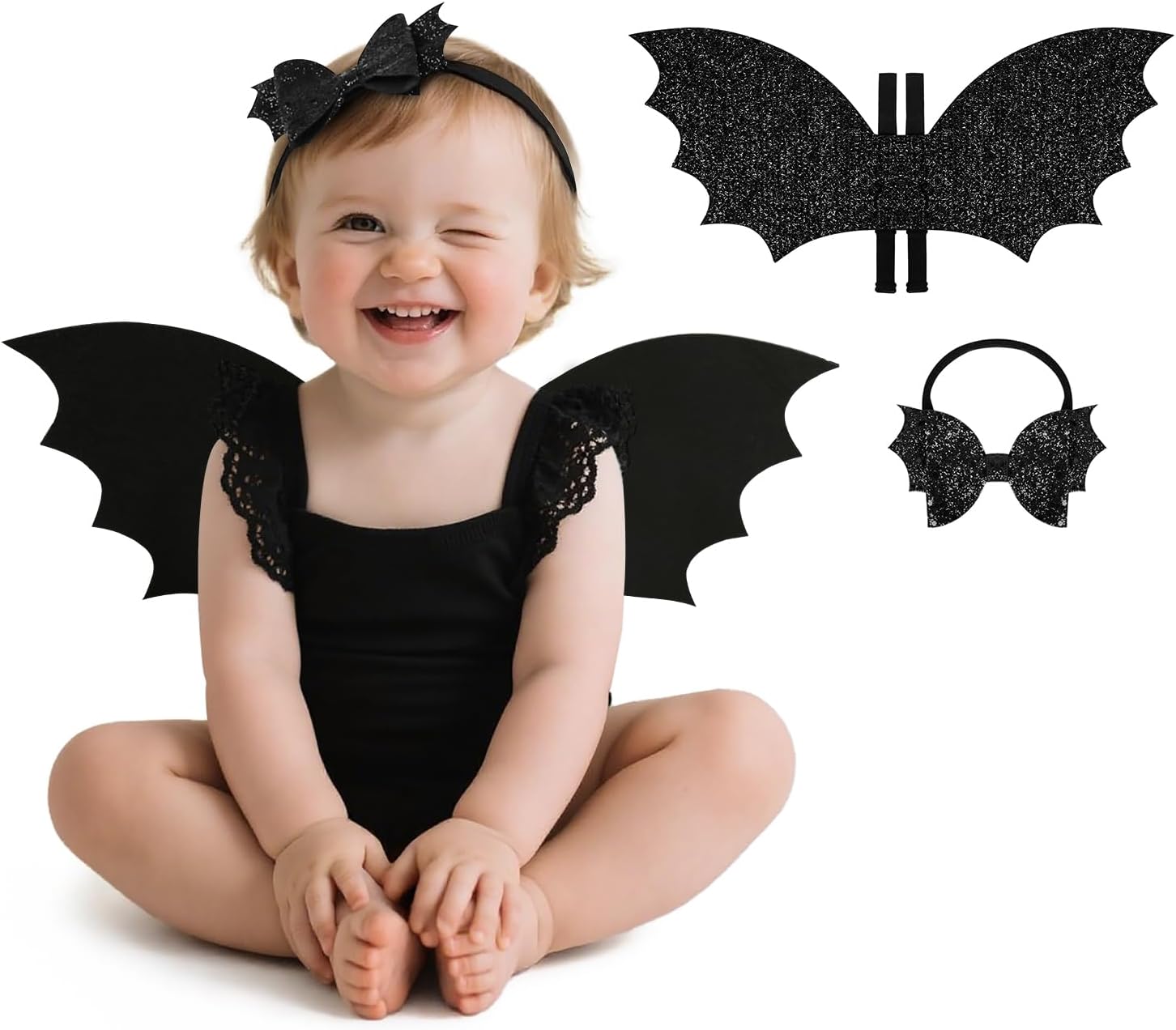 VZQI Kids Bat Wings Costume, Black Glitter Wings and Bow Headband