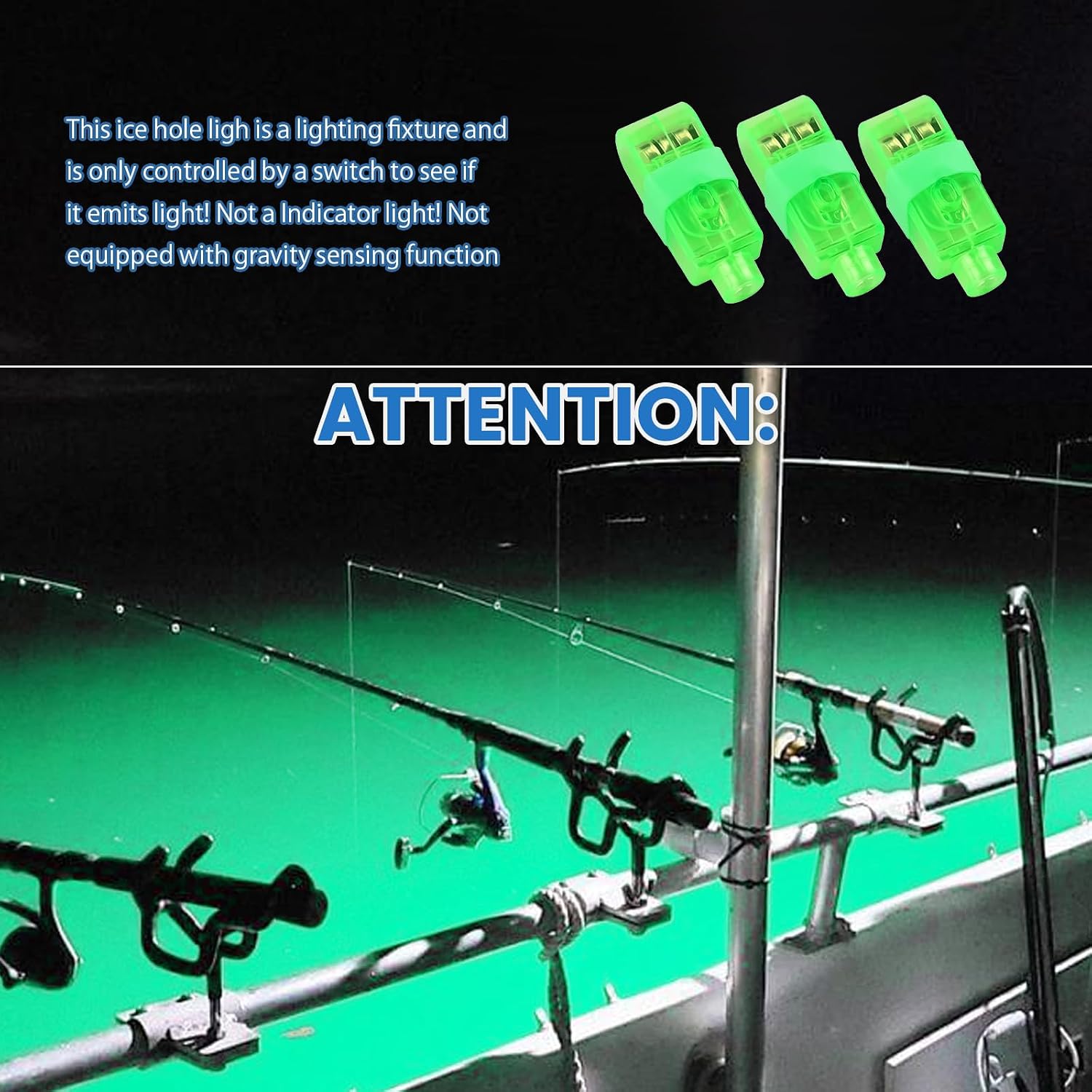 3Pcs Green Ice Fishing Hole Light,No Gravity Sensor,w/Fixed Strap | Fit for Ice Fishing,Sliding Switch Control,Non-Flashing,Constant Light,Vision Illumination