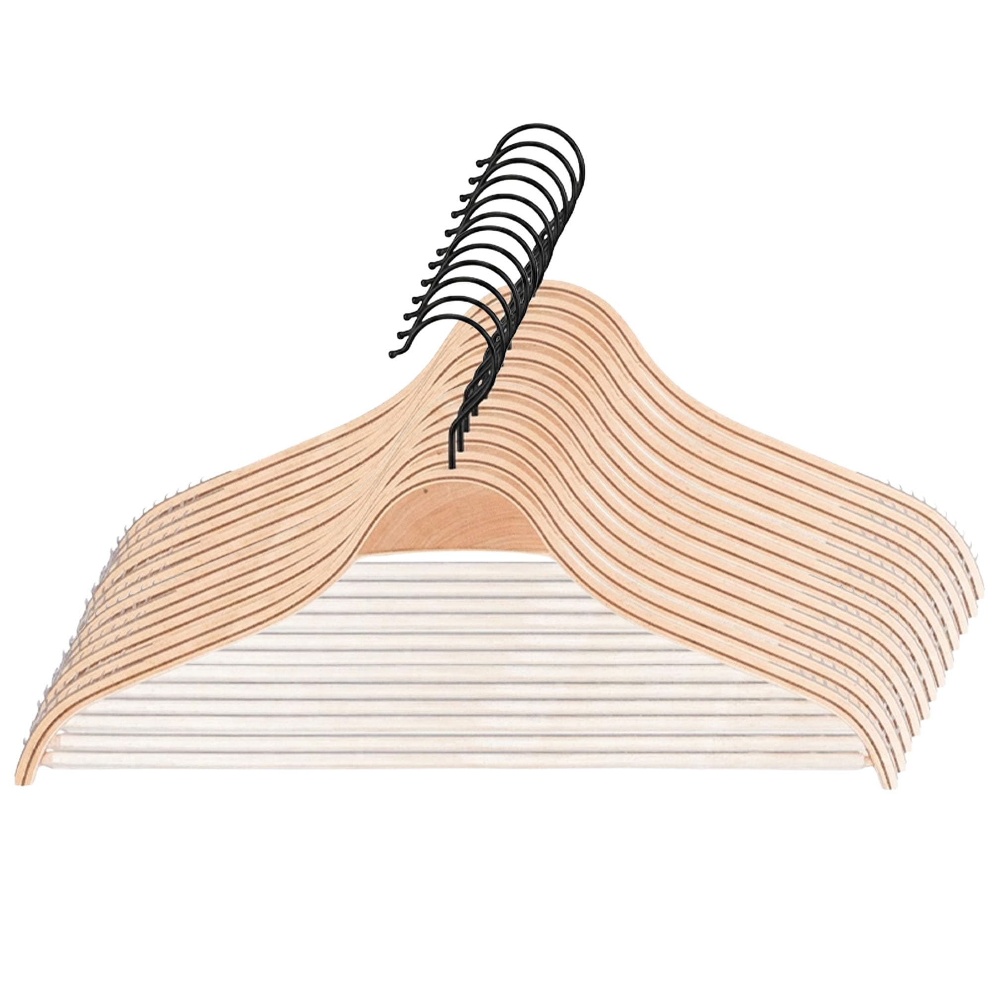 KADAX Kleiderbügel aus Holz mit eingekerbten Schultern, Hosensteg, platzsparende Garderobenbügel für Hosen, Rock, Hemd, Anzug, rutschfest, 360°drehbarer Metallhaken (12)