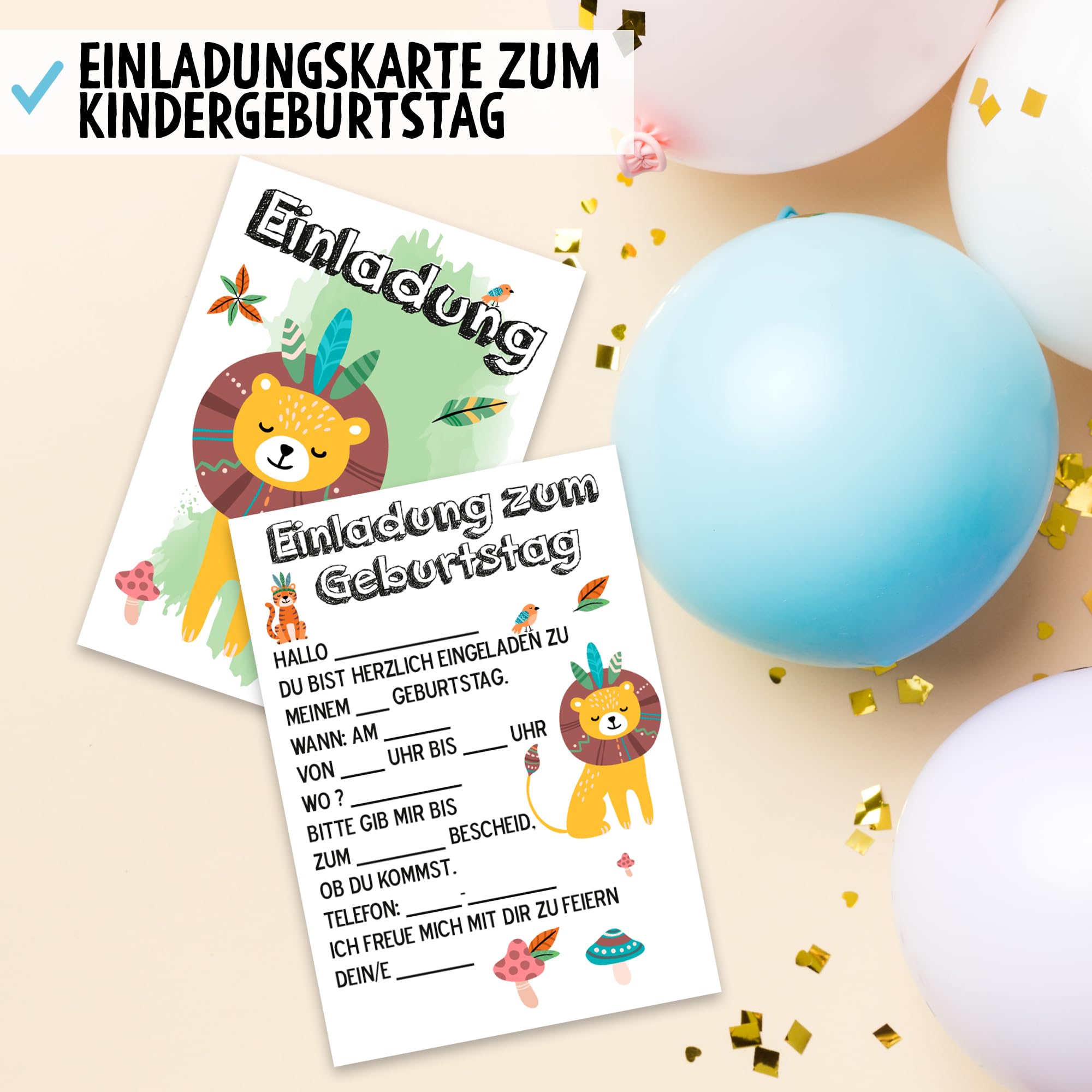 OWLBOOK Löwe Boho 50 Einladungskarten Kindergeburtstag Junge Mädchen Kinder - Wilde Tiere Geburtstag - Kindergeburtstagseinladungen Wald Tiere Zoo Dschungel Einladungen zum Ausfüllen mit