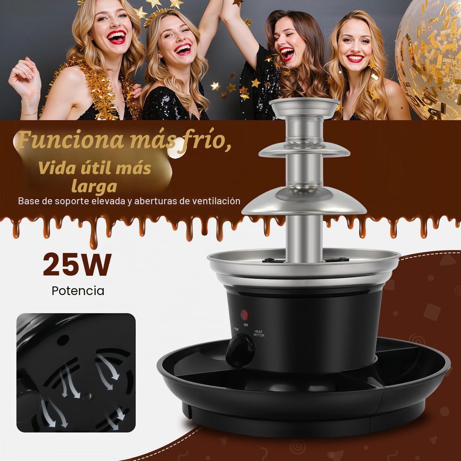 Fuente de Chocolate de 3 Pisos con Bandeja para Alimentos y Tenedores Fuente Chocolate Función de Fusión en Acero Inoxidable Fuente de Chocolate Cascada para Familiares/Bodas/Fiestas