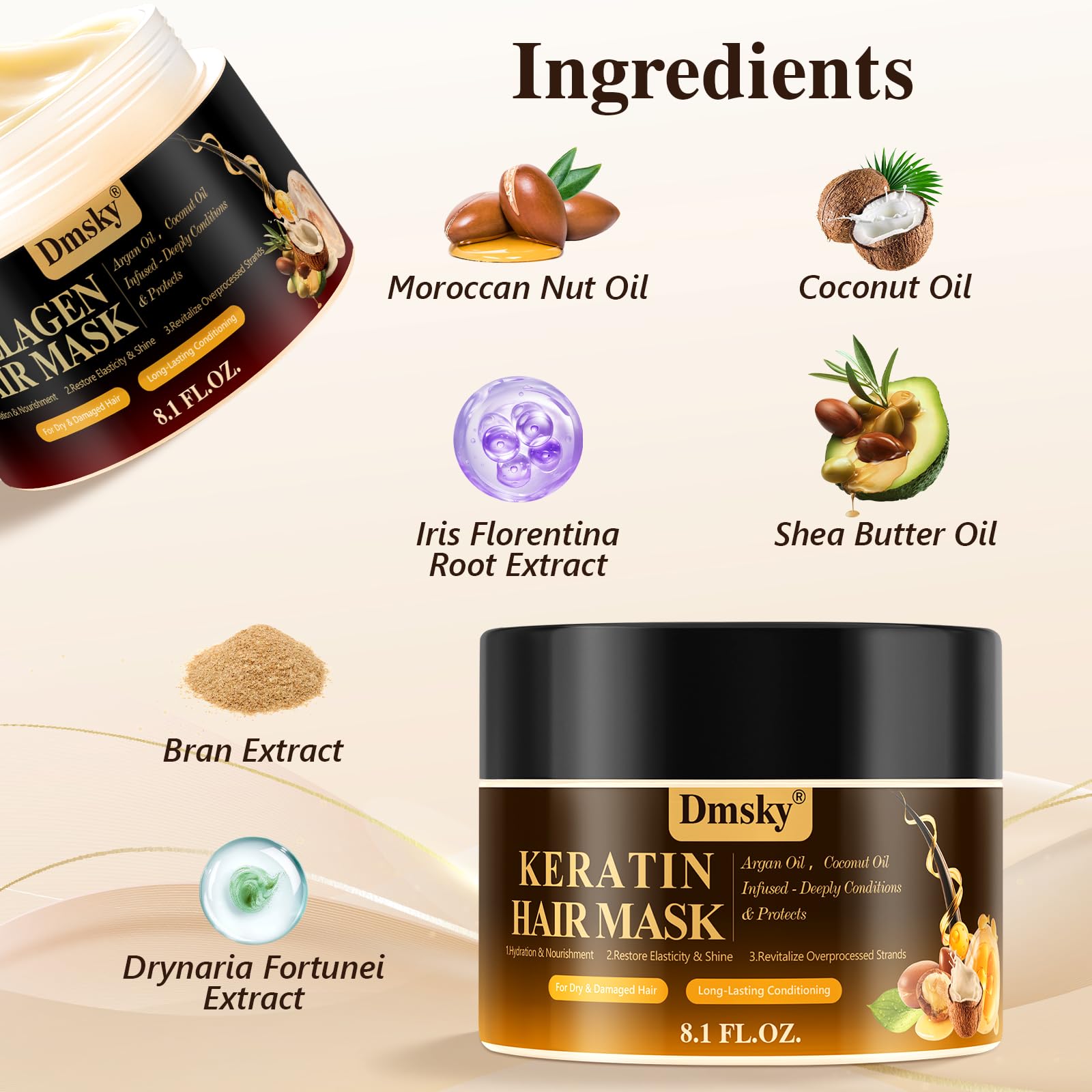 Paquete de 2 mascarillas capilares para cabello dañado, mascarilla capilar de colágeno y tratamiento capilar con queratina, hidratante, reparadora, nutre las máscaras capilares de acondicionamiento 4