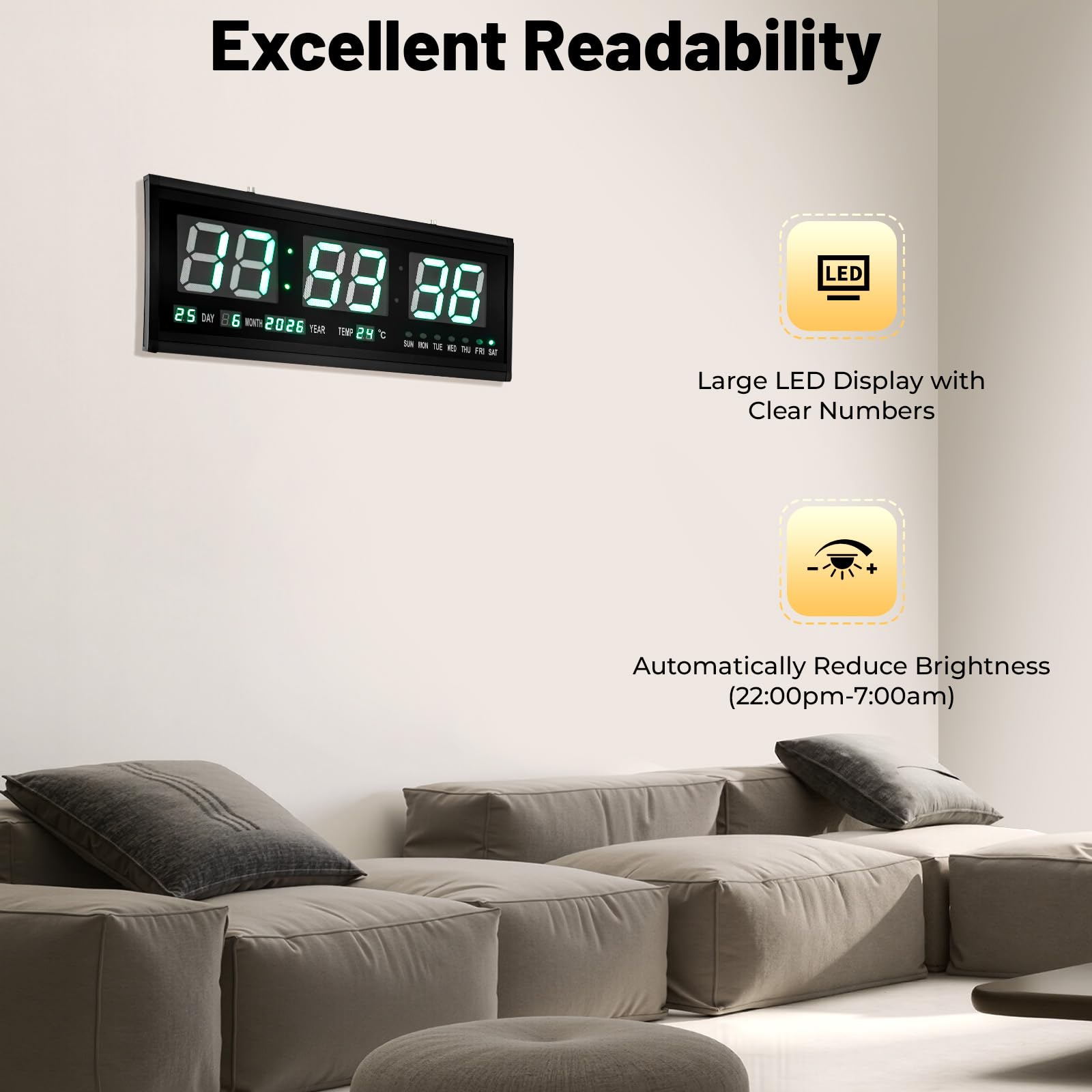 Zegar ścienny LED, 48 cm, z temperaturą, datą i dniem tygodnia, cyfrowy zegar bezgłośny (48 x 19 cm), zielone świecące cyfry, automatyczne ściemnianie, aluminium i szkło – do salonu, kuchni