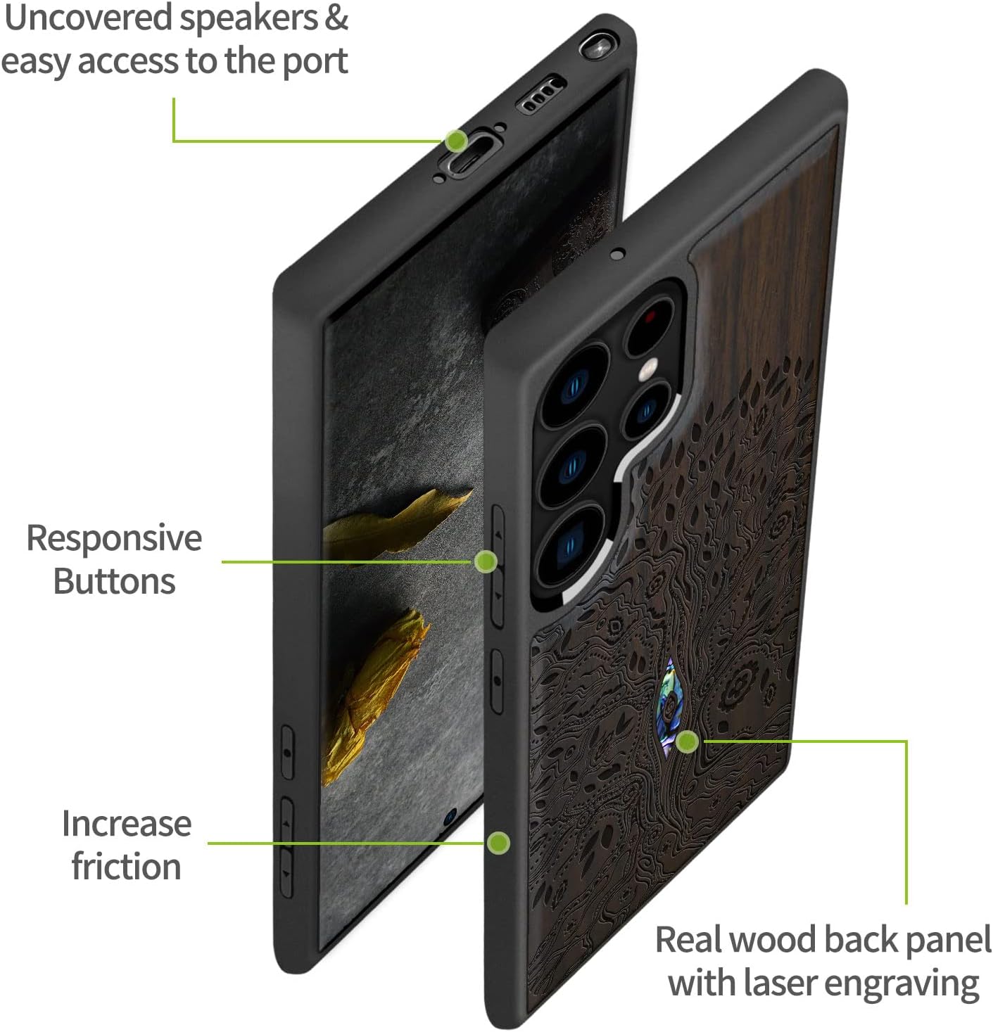 Carveit Designer Wooden Case for Samsung Galaxy S23 Ultra Cover [Wood Engraving & Shell Inlay] Wood Phone Case Compatible with Wireless Chargers Galaxy S23 Ultra Case (Tree of Life-Blackwood)