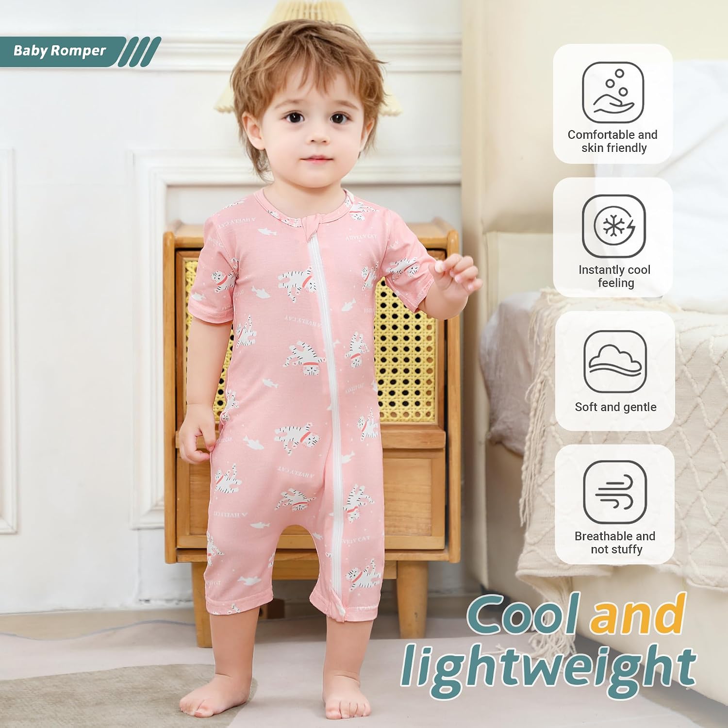 MICHLEY Baby Bamboo Viscose Short Sleeve Summer Romper 2 Pack, Unisex Newborn Zipper Bodysuit Toddler Clothes 0-24M