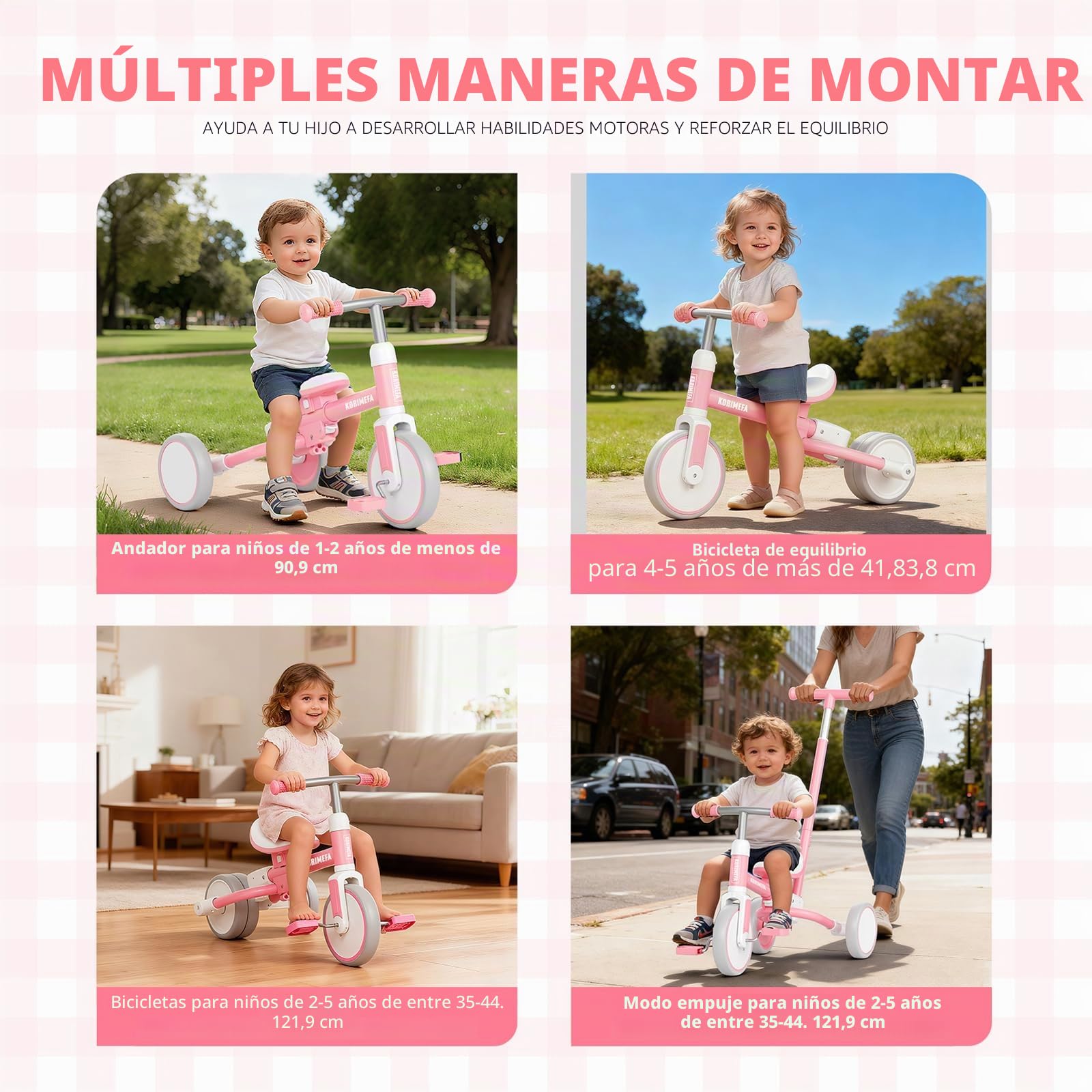 KORIMEFA Triciclo Evolutivo de Bebé 5 en 1, Bicicleta para Niños Desde 1 Año hasta 3 años con Barra de Empuje, Asiento Ajustable, Pedales Desmontables (Rosa)