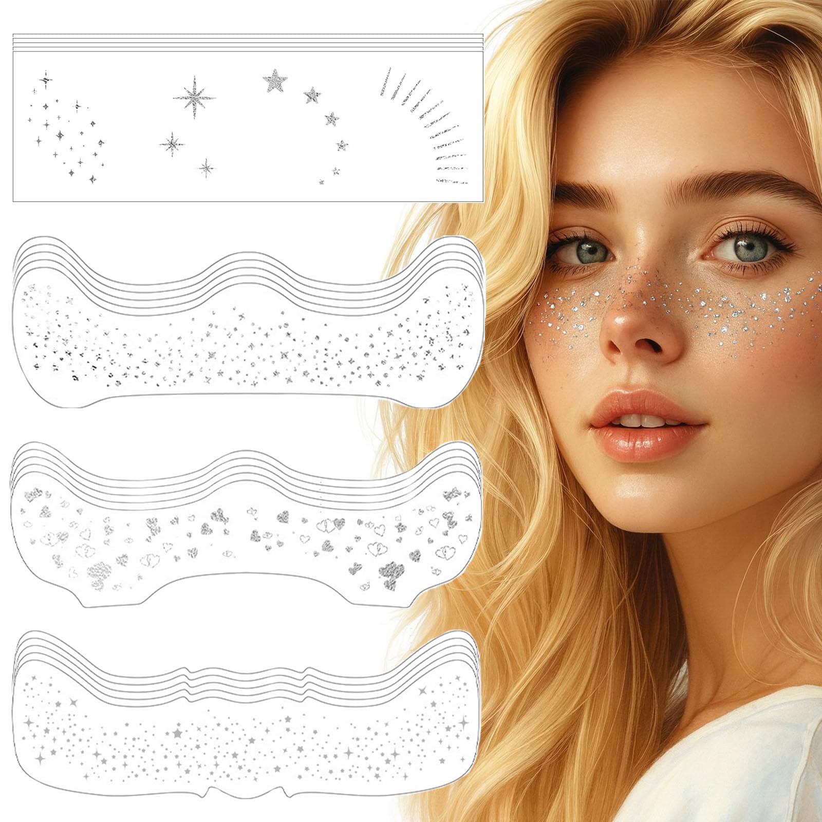Silver Glitter Face Tattoos for Sparkling Party & Festival Makeup, 20PCS Waterproof Temporary Stickers for Girls Women