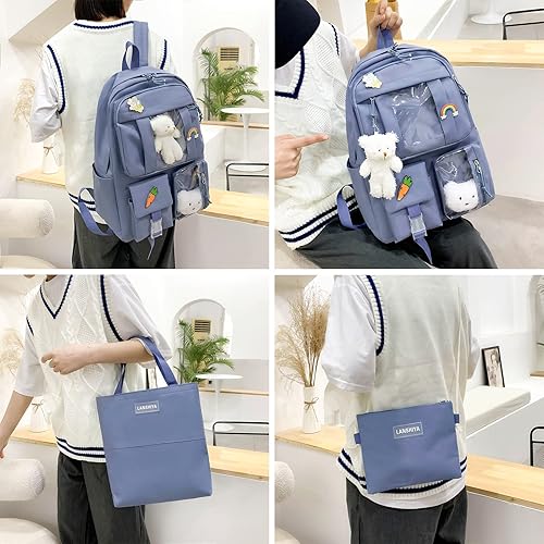 Miniatura 3 de Juego de 5 mochilas kawaii para niñas con bonitos accesorios de oso, suministros escolares, bolsas para bolígrafos, bolsa de hombro, azul (03-Blue),