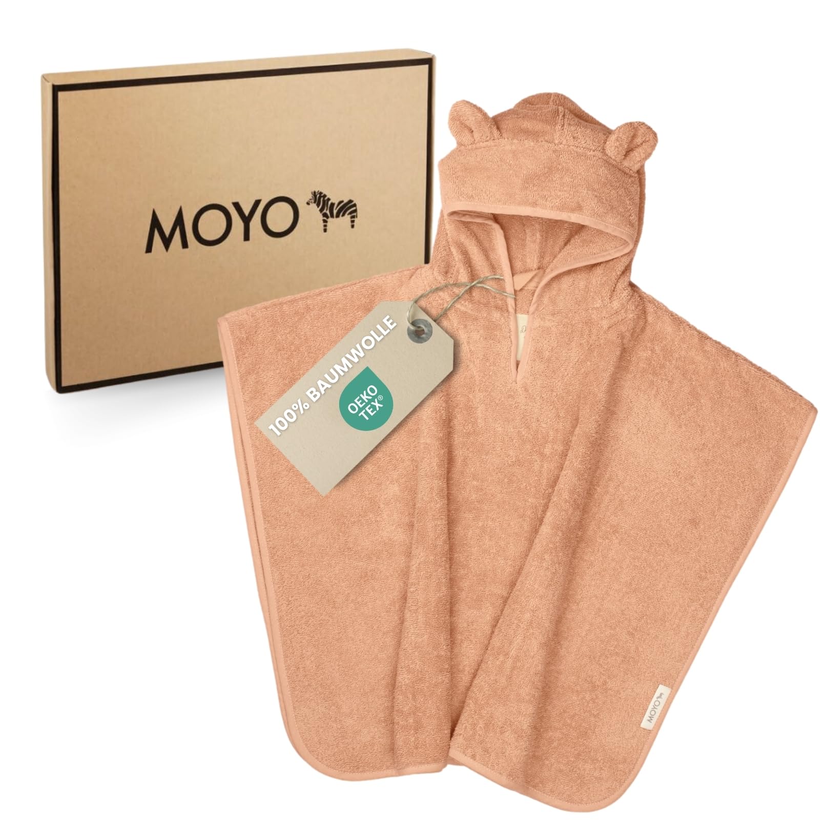 MOYO Baby Badeponcho Mit Bärenohren in Puder - Kinder Badetuch für 0-3 Jahre - Weicher Poncho Aus 100% Frottee-Baumwolle - Waschbares Kapuzenhandtuch 68x56cm