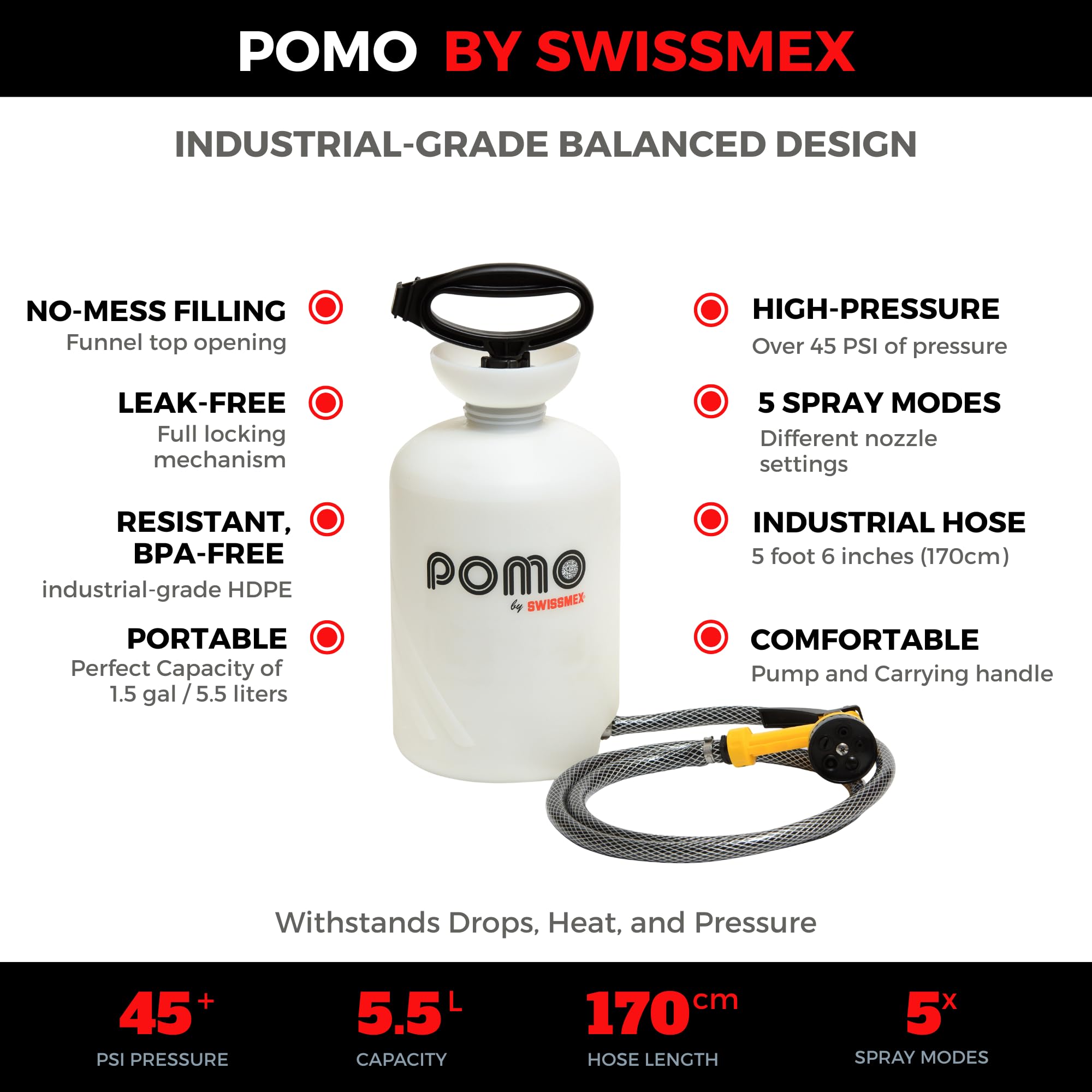 POMO - Doccia portatile per esterni, lunga durata, resistente, ad alta pressione, 5 l, doccia da campeggio, doccia da surf, pulizia cani, pulizia barca, viaggi su strada, immersioni, altro ancora.