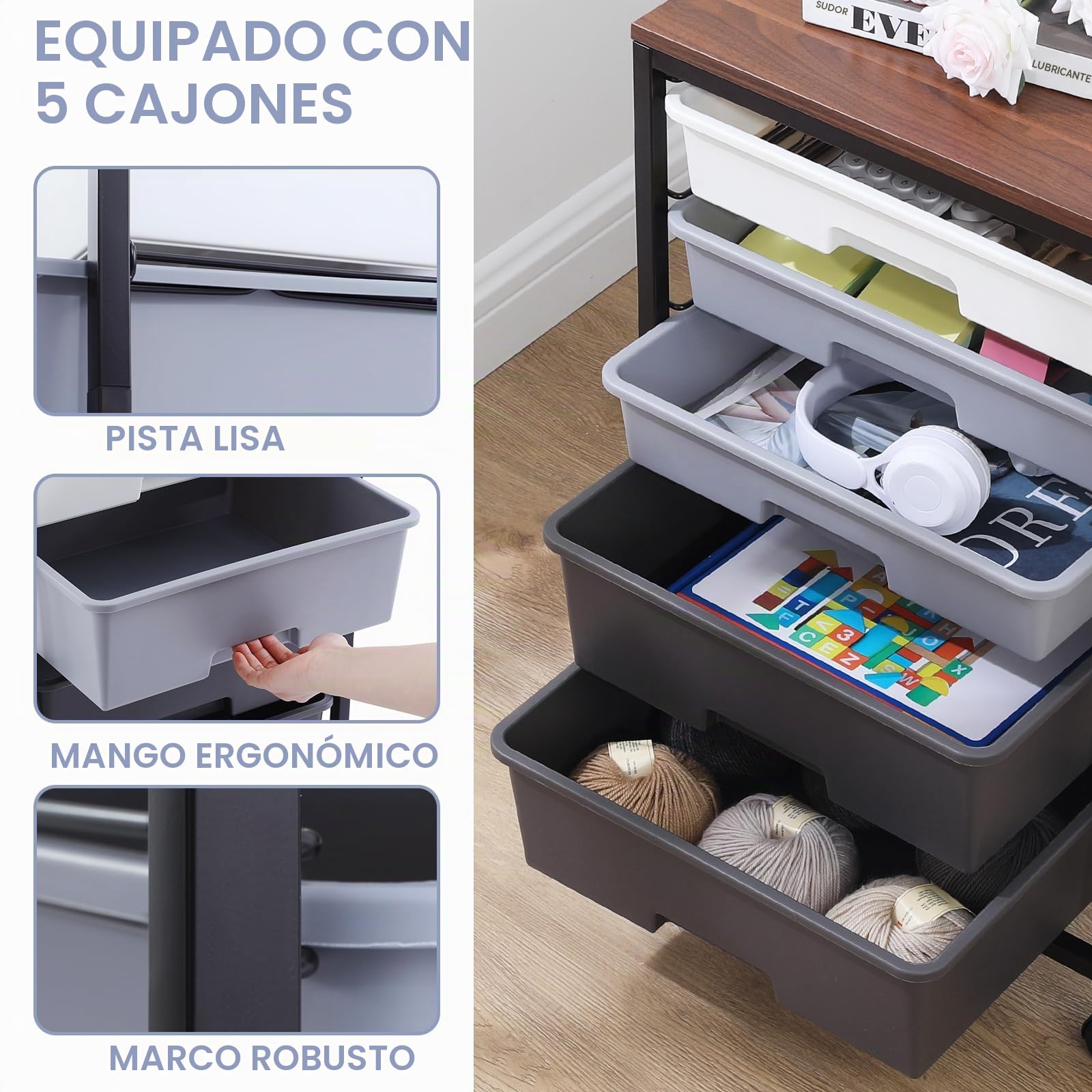 SYKIARIOL Carro de rodillos con 5 cajones para baño, carro de cocina con ruedas con tablero de madera, carro con ruedas para cocina, sala de estar, dormitorio, oficina, color gris