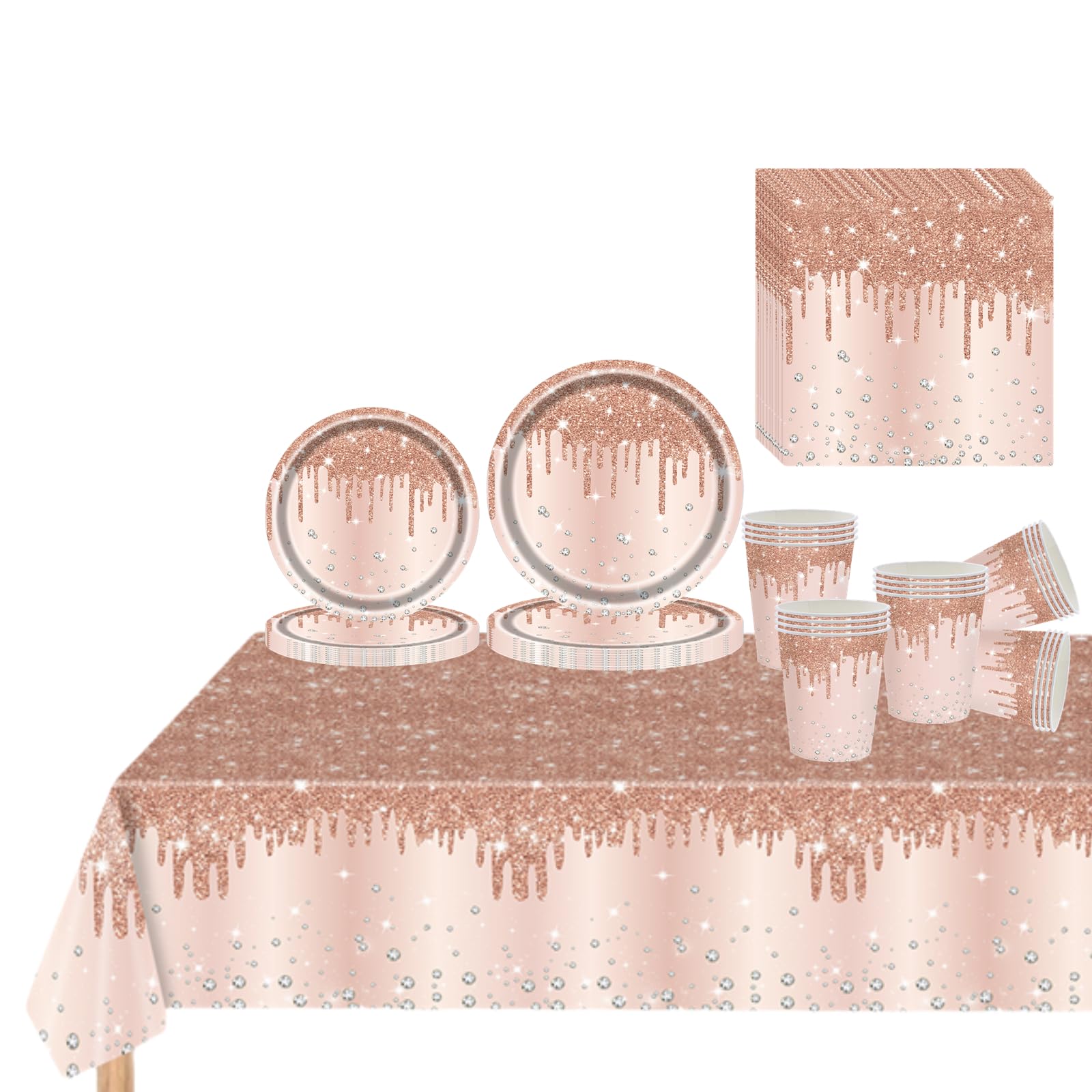 81 Piece Rose Gold Tableware Set for Her - Plates, Cups, Napkins and Tablecloth With Sparkling Diamond Pattern for Birthday, Wedding, Baby Shower Party