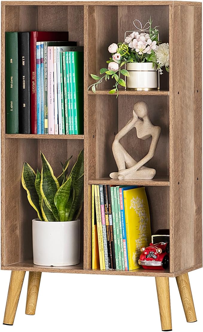 LEYAOYAO 5 Cube Small Bookshelf,3 Tier Mid-Century Bookcase with Legs,Wood Kids Bookshelves Storage Organizer Shelf,Free Standing Narrow Book Shelves,Oak Grey Corner Bookcases for Bedroom,Living Room