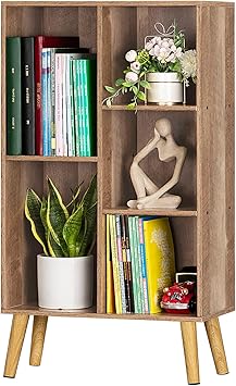 LEYAOYAO 5 Cube Small Bookshelf,3 Tier Mid-Century Bookcase with Legs,Wood Kids Bookshelves Storage Organizer Shelf,Free Standing Narrow Book Shelves,Oak Grey Corner Bookcases for Bedroom,Living Room