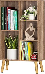 LEYAOYAO 5 Cube Small Bookshelf,3 Tier Mid-Century Bookcase with Legs,Wood Kids Bookshelves Storage Organizer Shelf,Free Standing Narrow Book Shelves,Oak Grey Corner Bookcases for Bedroom,Living Room