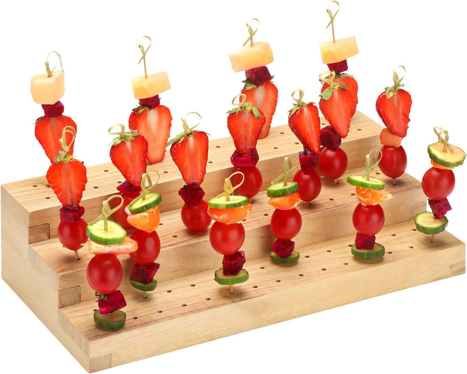 Food Skewer Holder Wooden Pick Stand Catering Supplies Buffet Display Board with Holes Rectangular Appetizer Skewers Tray Multi Level Food Display Stands for Party Cocktail Pick Stand (3 Tier)
