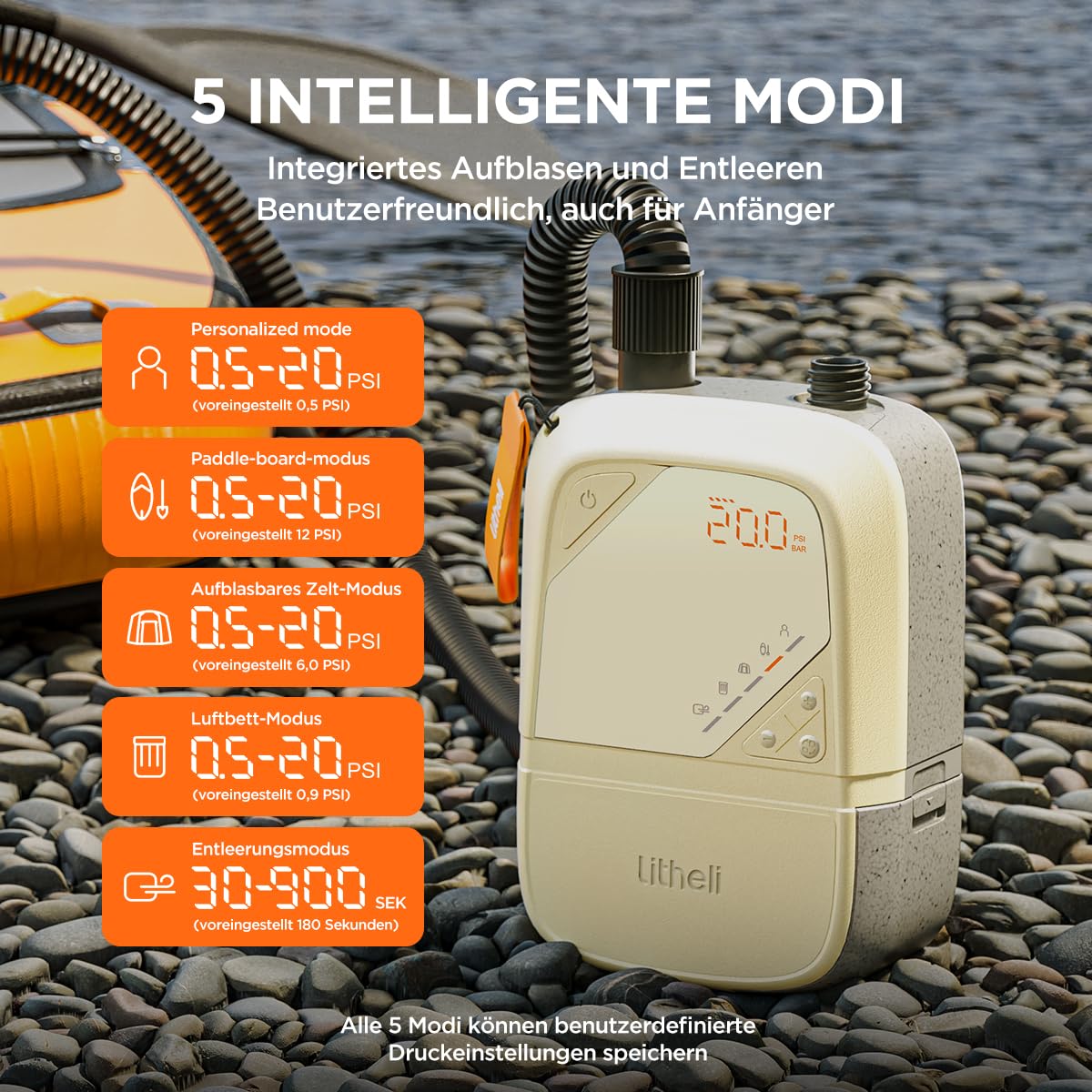 Litheli Elektrisch SUP Pumpe, 20PSI, mit 12500mAh Akku, Wiederaufladbar, Intelligente Inflation/Deflation, Automatische Abschaltung, Stand Up Paddle Pumpe Kompressor für SUP