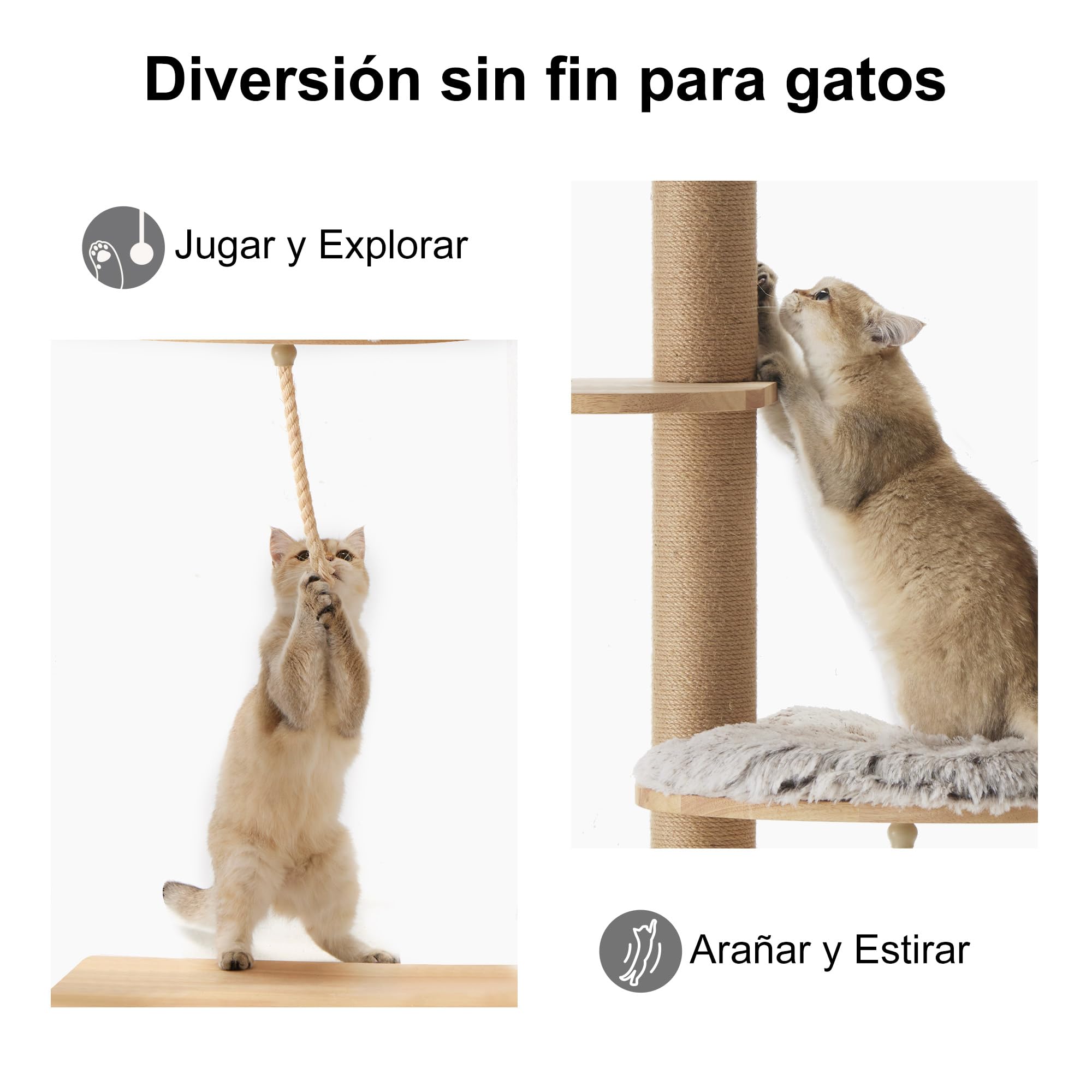FUKUMARU Árbol rascador para Gatos 188 cm, Montaje en Pared, con Cama para Gato, Poste rascador, tapete rascador de Yute, árbol para Gatos de Madera de Goma Natural sólida, Felpa Suave, Gris Claro