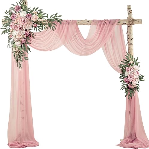 Miniatura 8 de Fsslower Kit de flores de arco de boda con cortina (paquete de 3)  2 guirnaldas de flores artificiales con 1 tela drapeada para decoración de