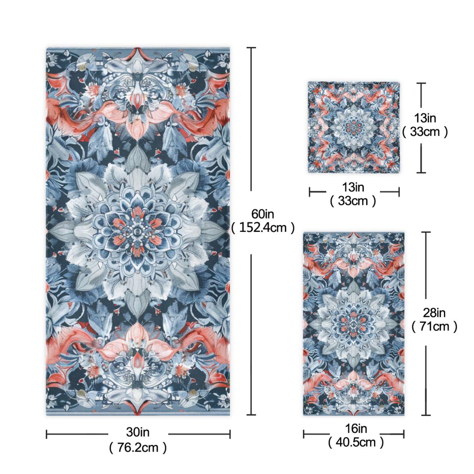 Set di 3 asciugamani decorativi per il viso in stile bohémien, motivo floreale, blu, 1 asciugamano da bagno, 1 asciugamano, 1 panno per la casa, cucina e famiglia