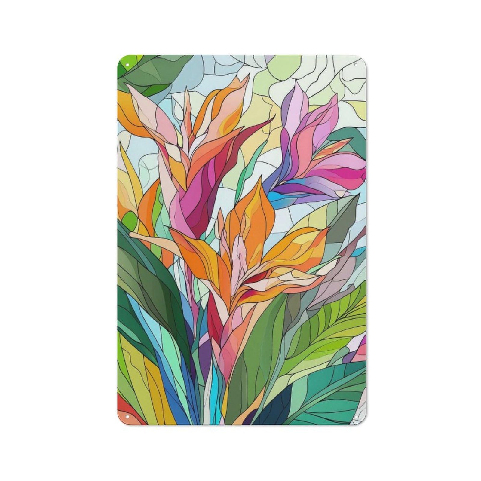 Junmoney Style-18 Tin Wall Plaque 30X20cm With Colorful Floral Illustration For Workshop Wall, Housewarming Wall Decor For People Furnishing Workshop